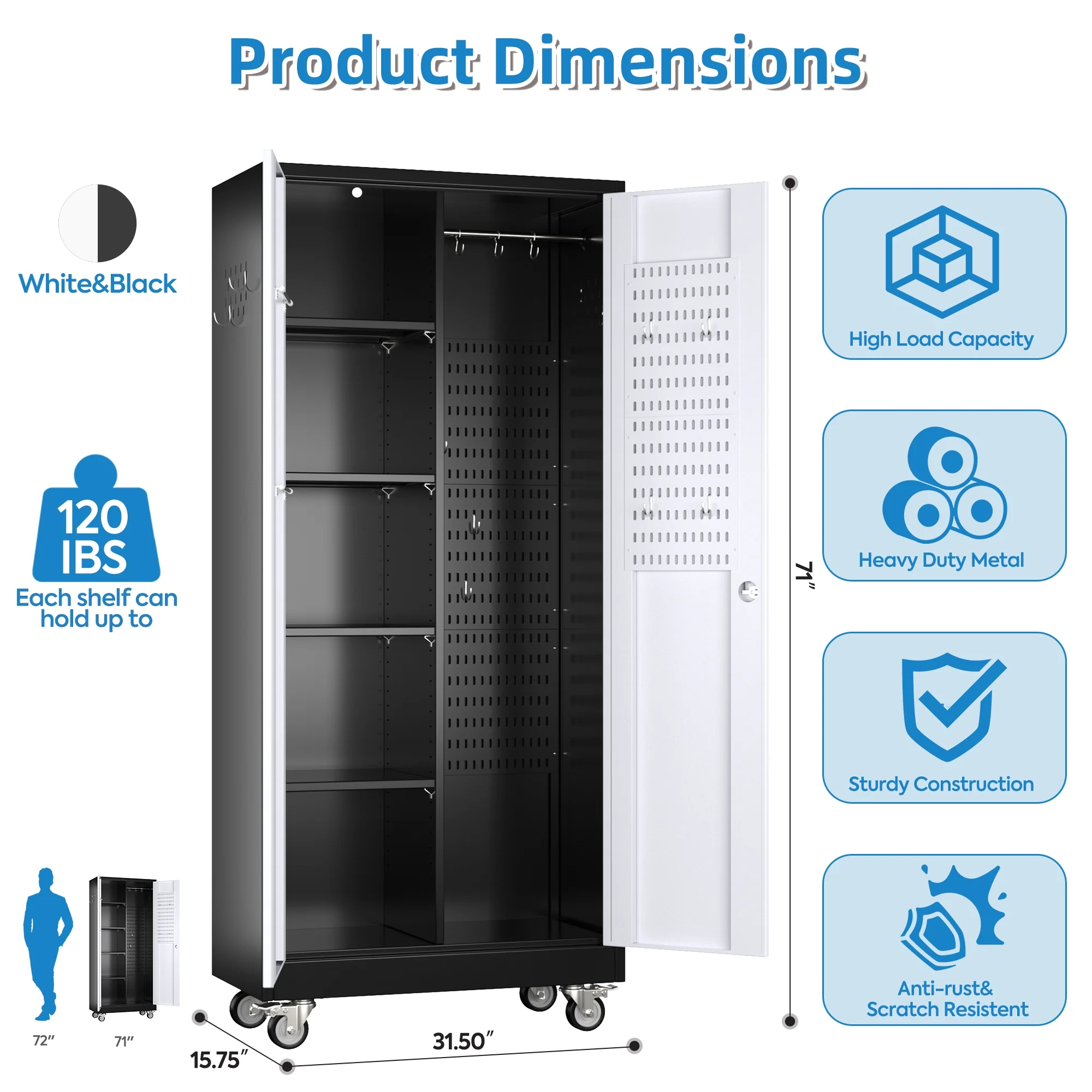 GangMei 71 Inches Tall Metal Garage Storage Cabinets with 5 Adjustable Shelves & Pegboards, Lockable Steel Black Storage Cabinet with Doors for Office, Home, School, Shops, Garage, Assembly required - Image 79