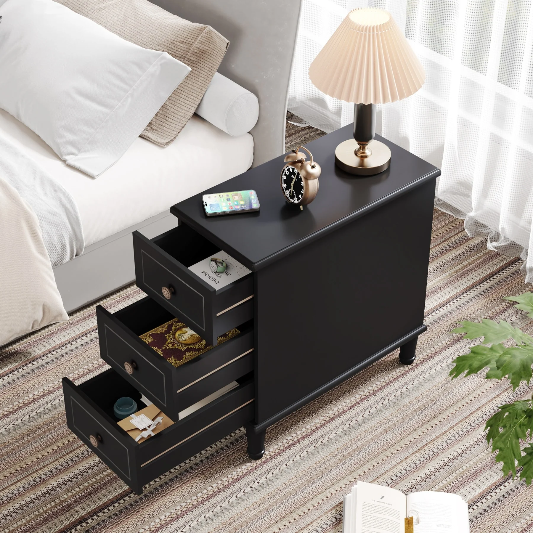 Fully Assembled Narrow End Table, Solid Wood Side Table with 3 Drawers, Vintage Nightstand for Small Spaces - Image 27