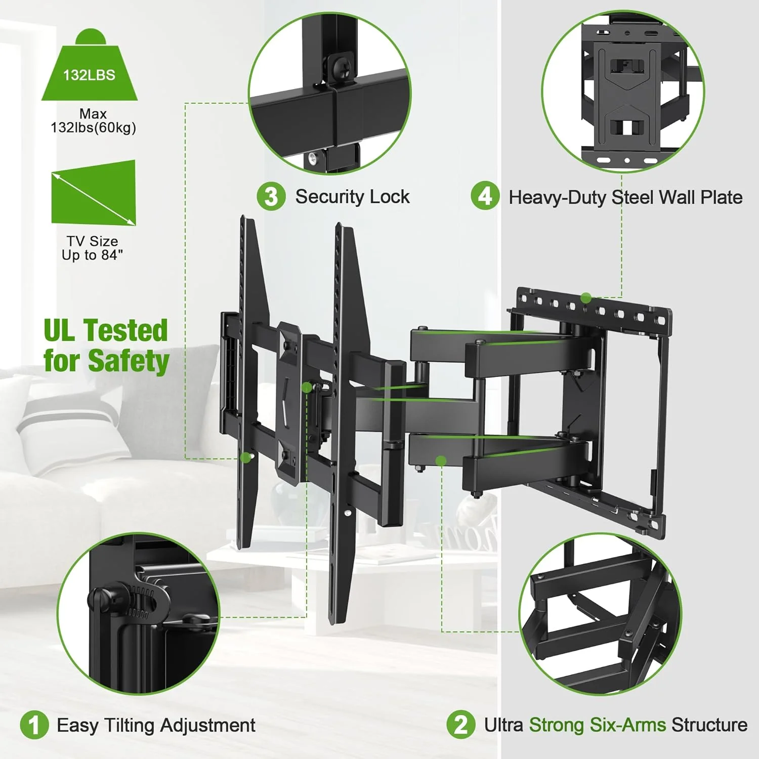 Full Motion TV Wall Mount for Most 42-86 Inch Flat Screen TVs, Adjustable Swivel and Tilt Bracket - Image 4
