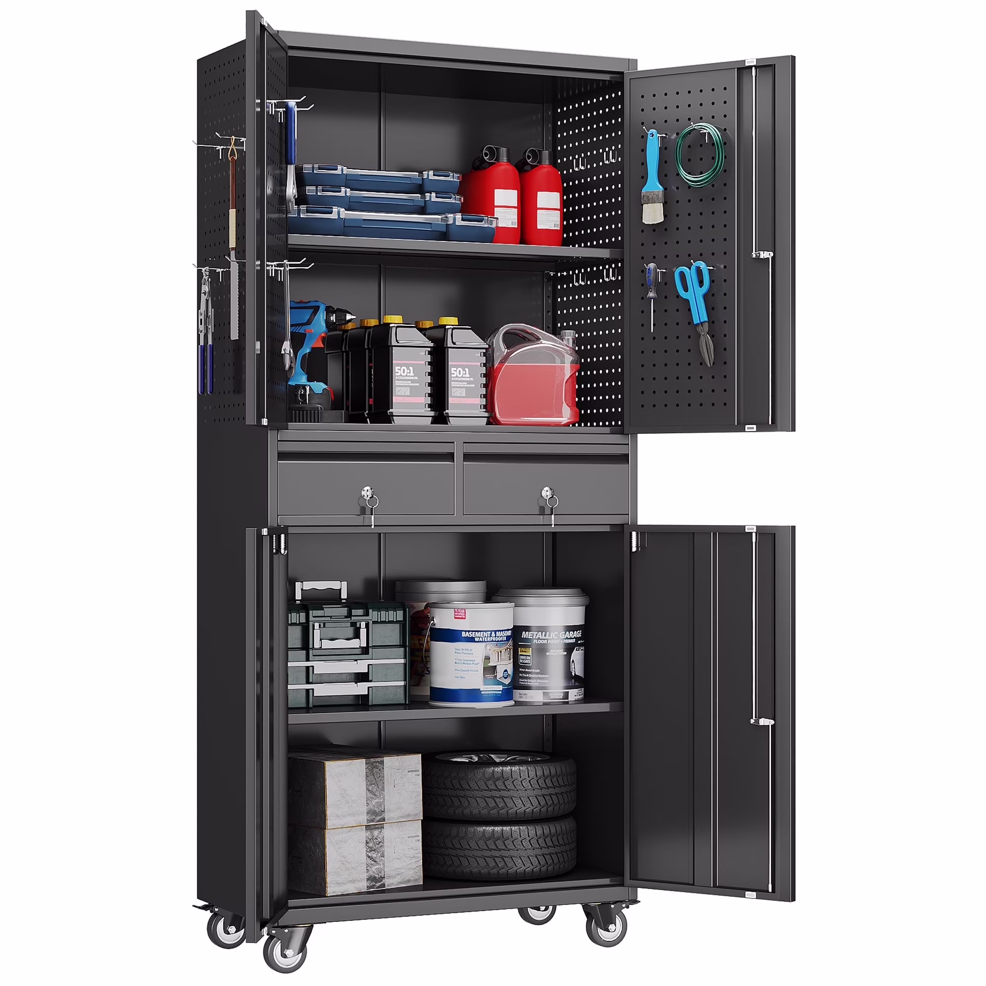 Aobabo Metal Storage Cabinet with Lock,Garage Storage Cabinet with Wheels,72In Steel Storage Cabinet for Garage Home Storage, Black Required-Assembly - Image 5