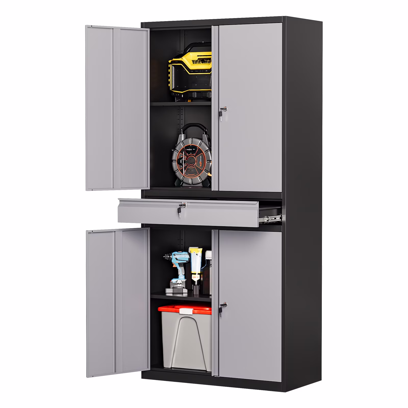 STANI Metal Garage Storage Cabinets with Drawer, 4 Doors Tool Storage Cabinet with 2 Adjustable Shelves, 73"H Rolling Steel Locking Cabinet for Garage Utility Room Home Office (Black, 4 Wheel) - Image 6
