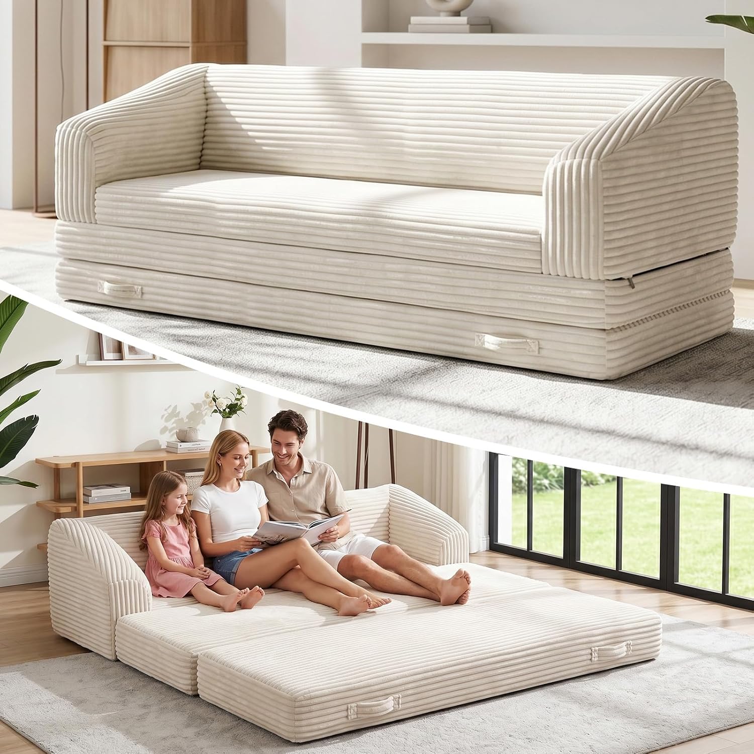 Loveseat 51 inch, 2-in-1 Convertible Tri-Folding Sofa Bed with Thick Backrest & Carry Handle, Gray Foldable Couch Bed Lounger Sleeper Sofa for Living Room, Guest Room, Soft Corduroy