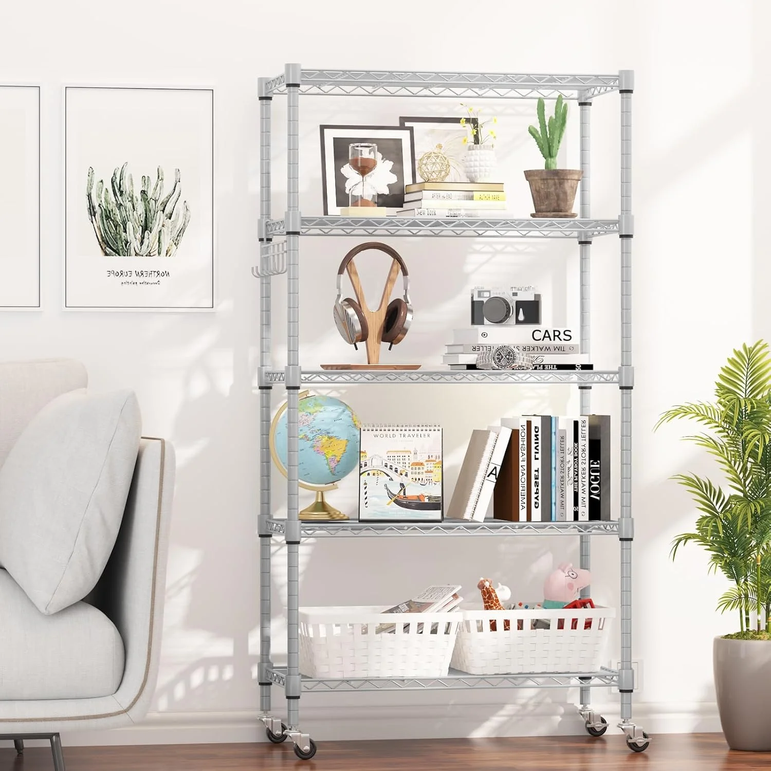 5-Tier Storage Shelf Wire Shelving Unit on Wheels, Adjustable Heavy Duty Metal Shelves with Side Hooks, Steel Rack Organization for Kitchen Garage Basement, Silver - Image 2