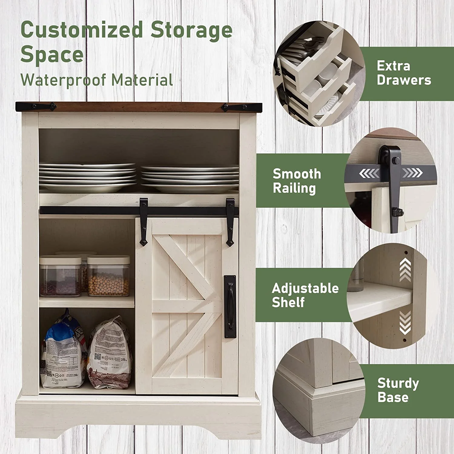 OKD Farmhouse Bathroom Storage Cabinet with 3 Drawers and Adjustable Shelves Wooden Rustic Accent Entryway Cupboard, Antique White - Image 8