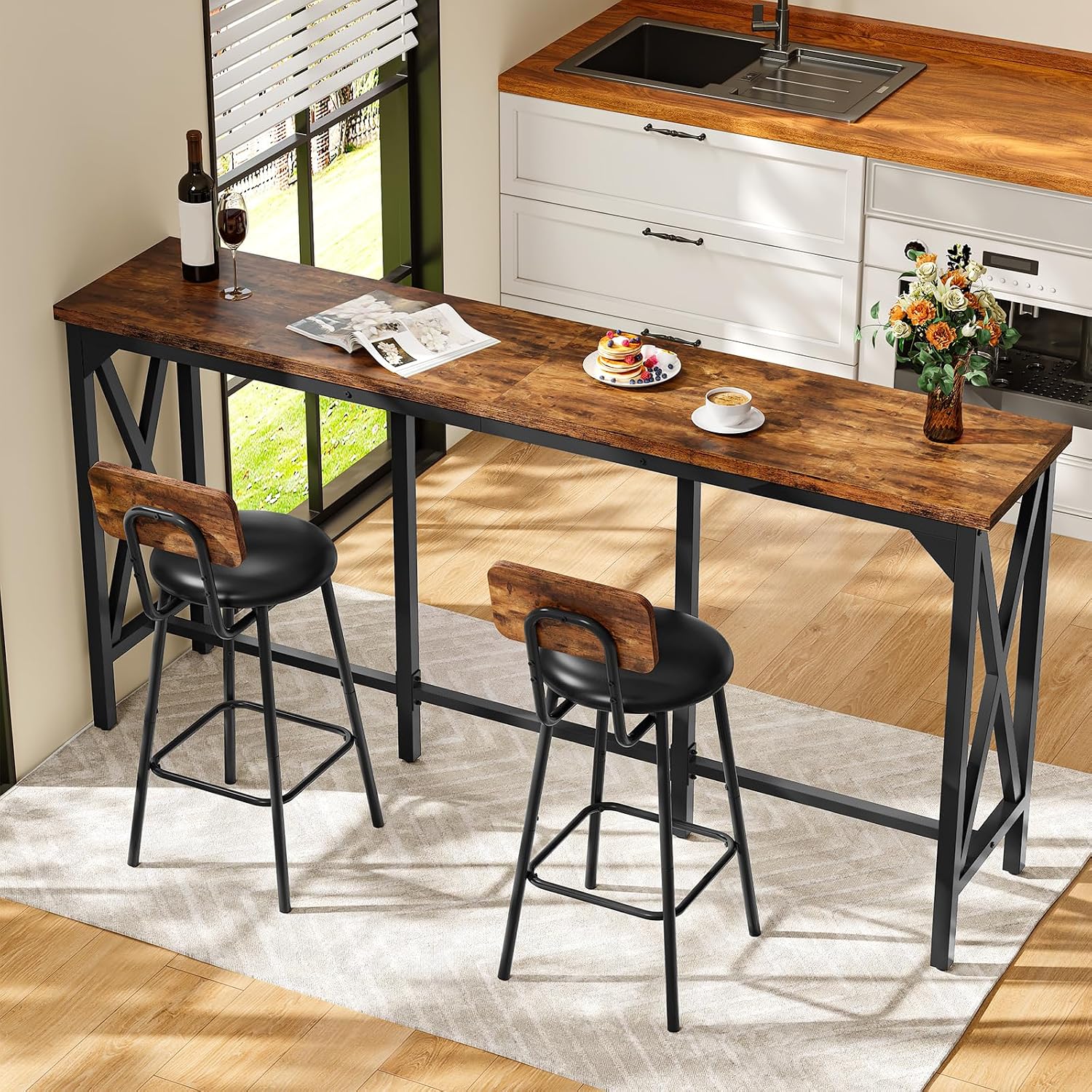 Bar Table and Chairs Set, Counter Height Table and Chairs with X-Shaped Supports, 1 Pub Table and 2 Chairs, for Dining Room, Living Room, Home Bar, Rustic Brown and Black - Image 2