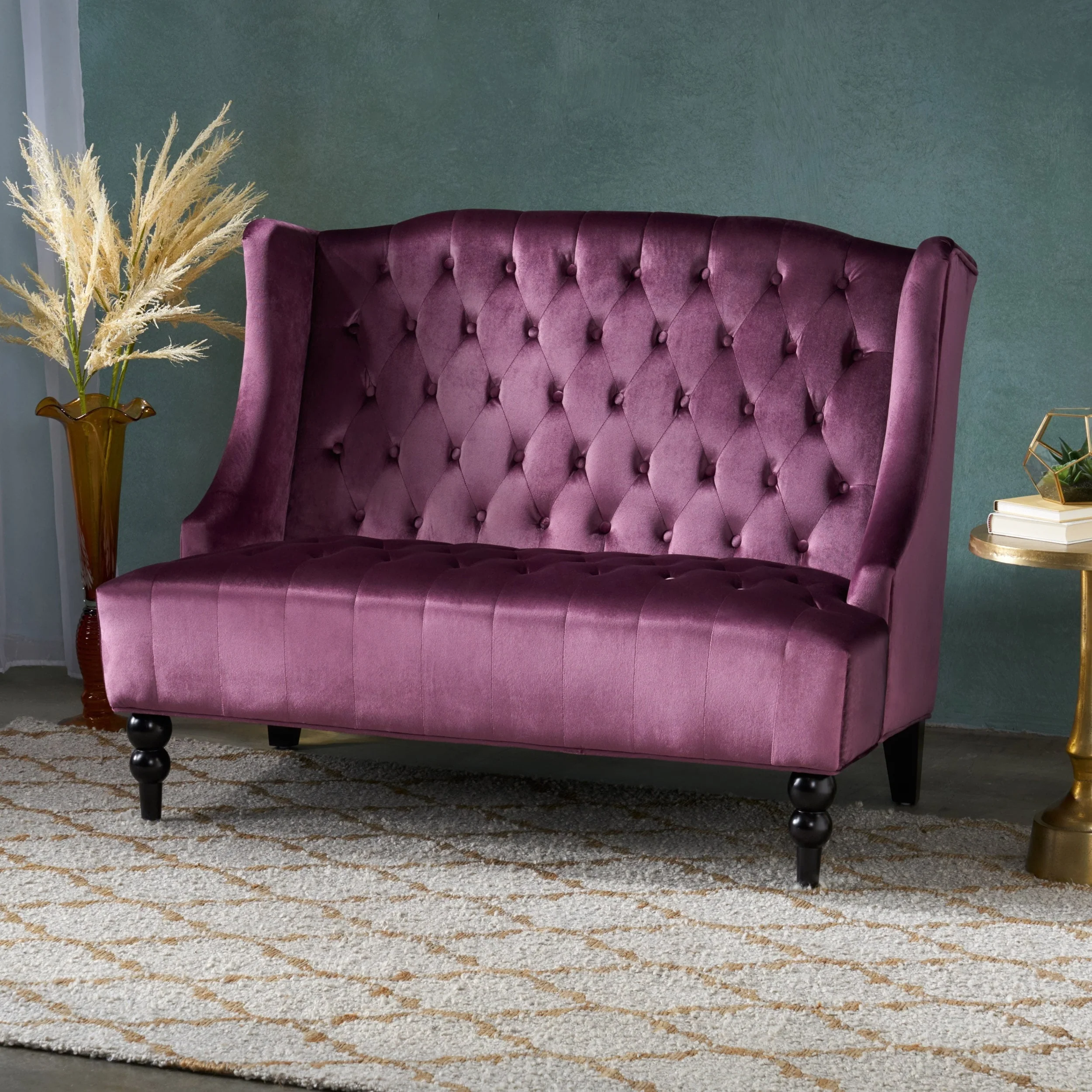 Christopher Knight Home Leora Modern Glam Tufted Velvet Wingback Loveseat by Armless Emerald Semi-Firm - Image 2