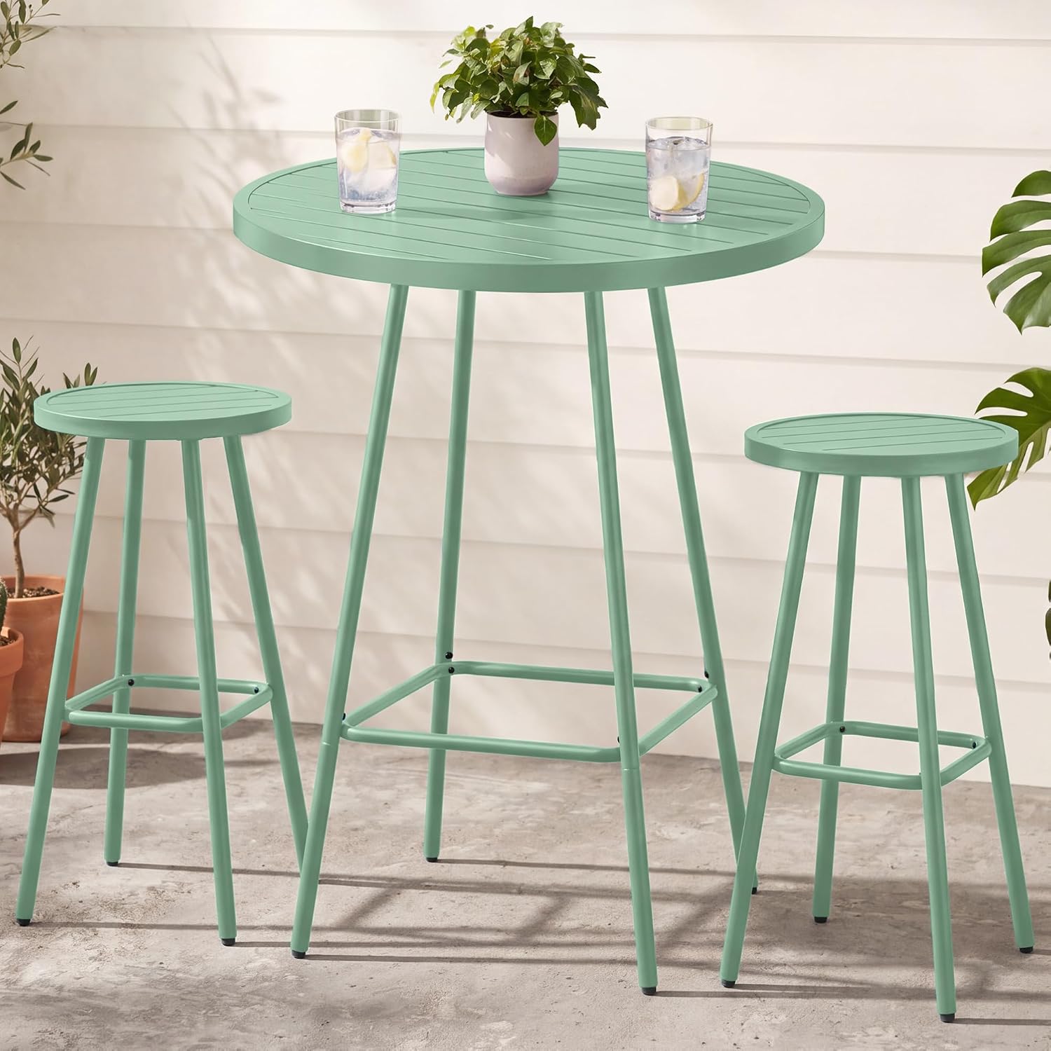 3-Piece Patio Dining Set, Bar Height, Outdoor Bistro Set, Outdoor Round Bar Table w/ 2 Bar Stools, Steel - White - Image 10