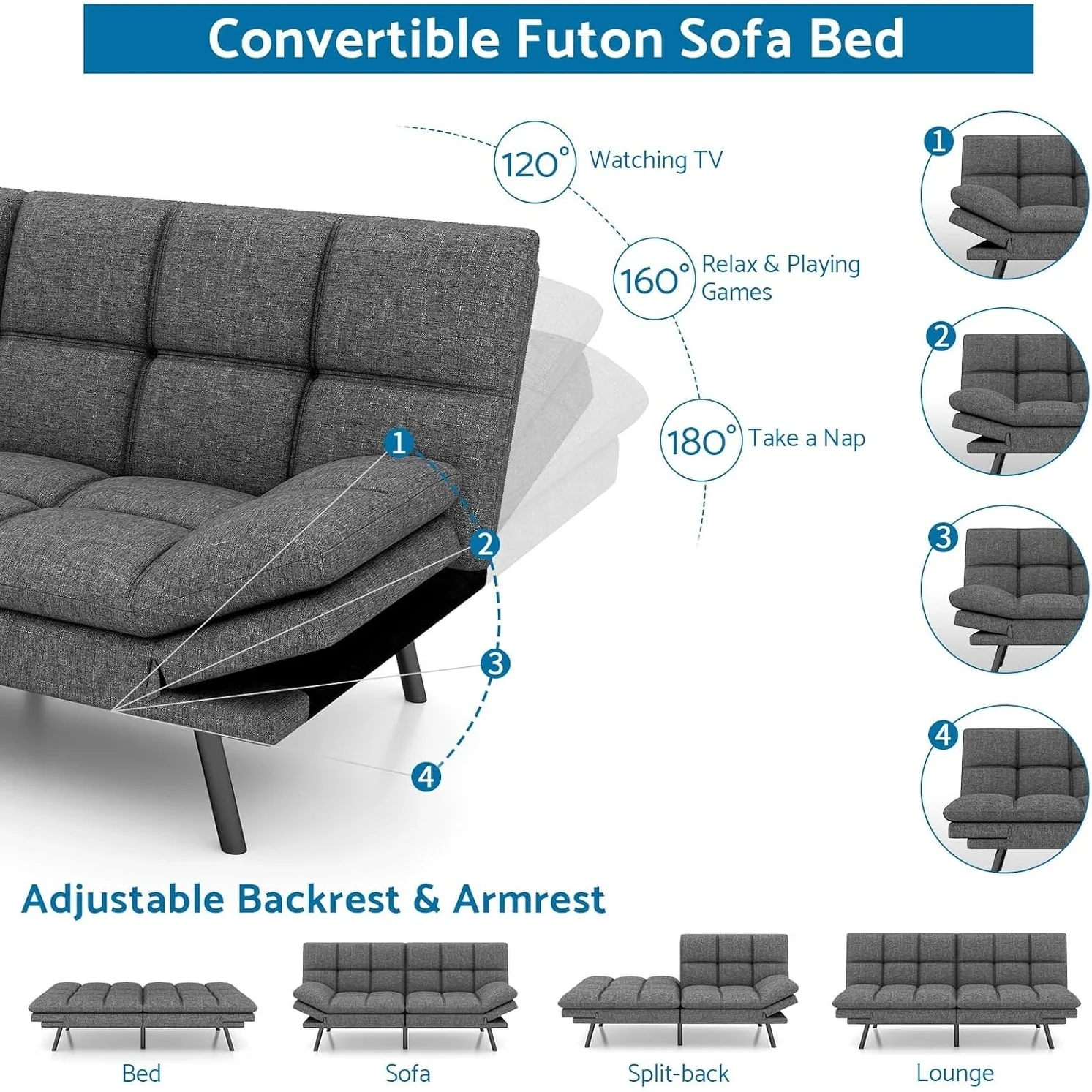 Convertible Futon Sofa Bed with Memory Foam, Foldable Loveseat Sleeper with Adjustable Armrests - Image 7