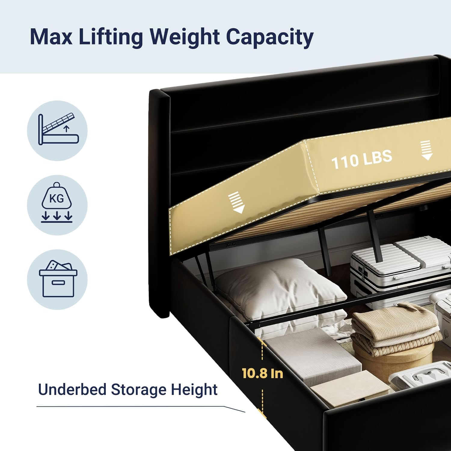 Queen Size Lift Up Storage Bed with Wingback Headboard, Upholstered Platform Bed Frame with Hidden Storage - Image 182