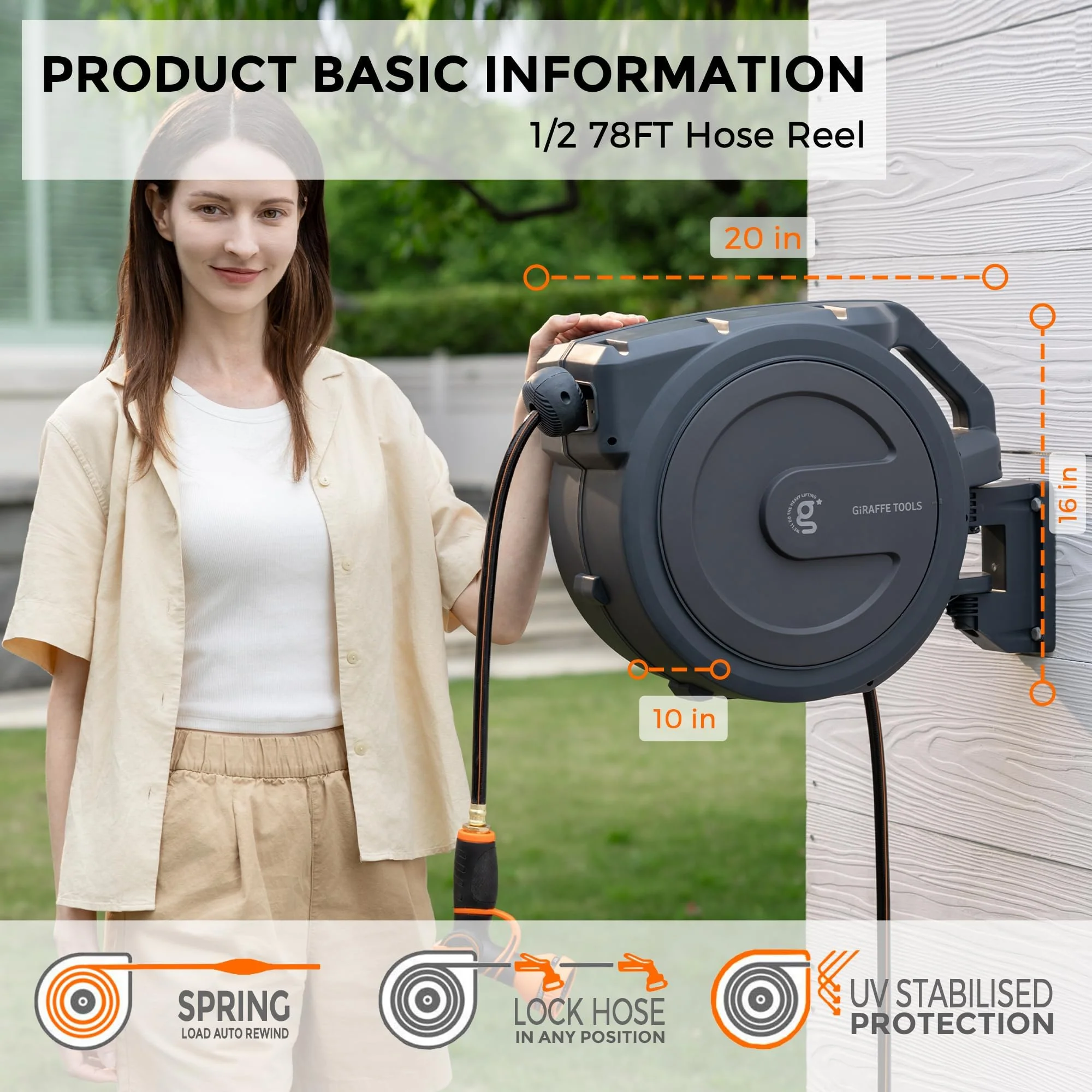 Heavy Duty Wall Mounted Retractable Hose Reel, 1/2 Inch x 78 ft Garden Hose - Image 4