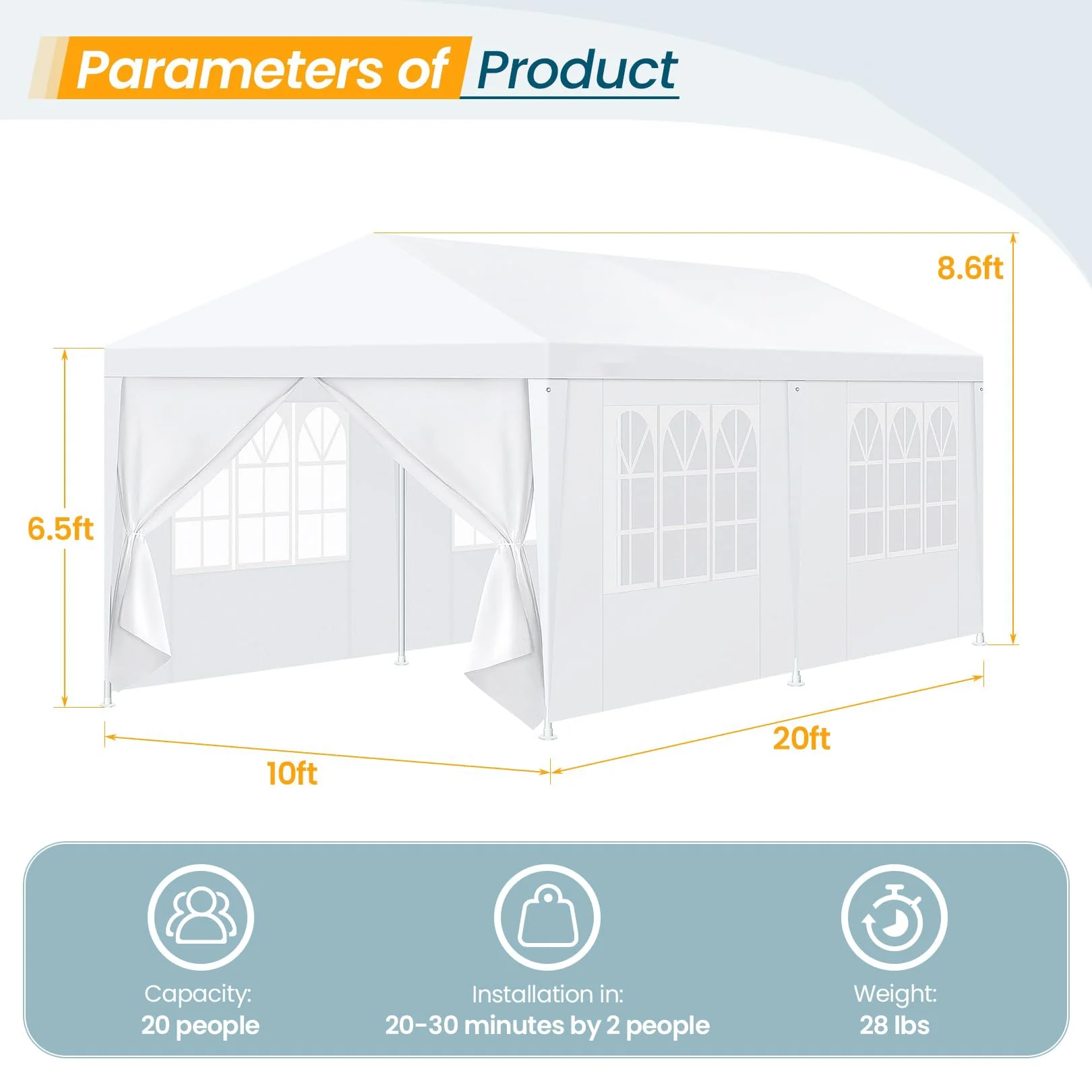 Hoteel Party Tent 10x20 Canopy Tents for Parties with 4 Removable Sidewalls, Patio Camping Gazebo, Portable Tent for Parties, Weddings, BBQ, Waterproof, White - Image 2
