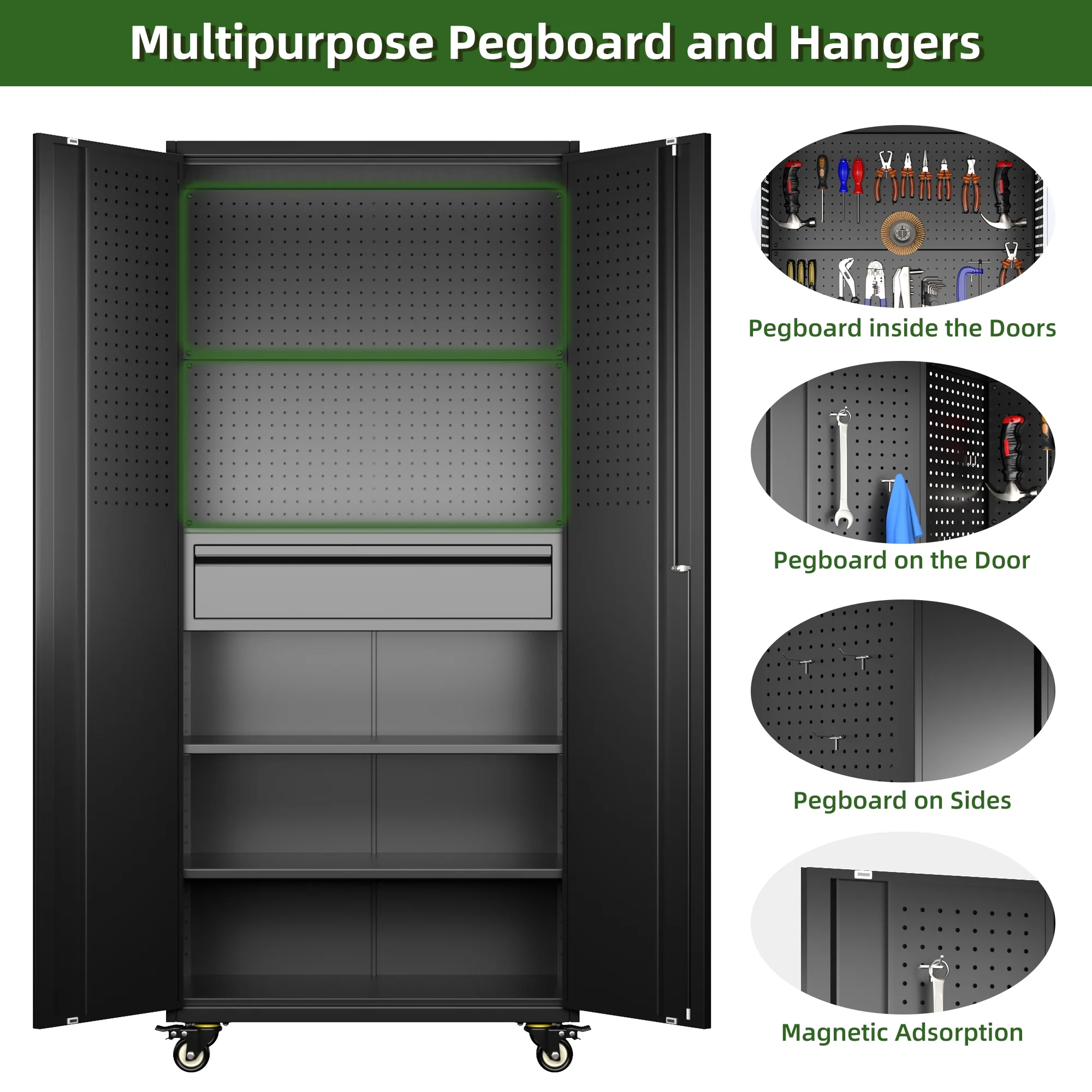 SUPEER 71" Metal Storage Cabinets with Wheels and Pegboards, Industrial Cabinet with 2 Drawers and 2 Adjustable Shelves,, Assembly Required - Image 56