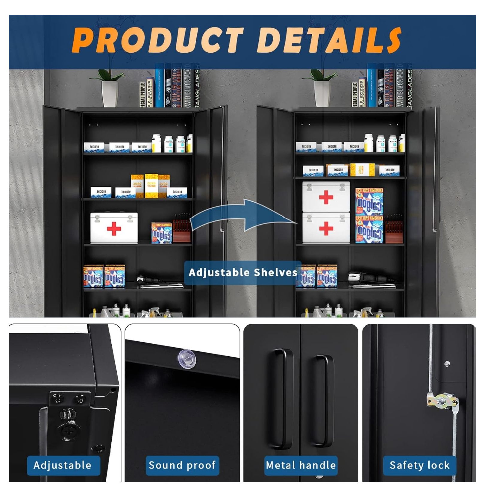 TiaGOC Metal Garage Storage Cabinet with 2 Doors and 5 Adjustable Shelves - 71" Steel Lockable File Cabinet,Locking Tool Cabinets for Office,Home,Garage,Gym,School (Black) - Image 5