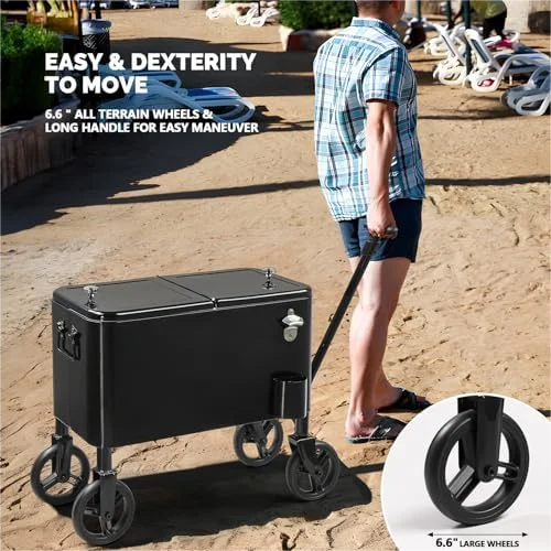 80 Quart Wagon Rolling Cooler Ice Chest, /Long Handle and 10" Wheels, Portable Beach Patio Party Bar Cold Drink Beverage, Outdoor Park Cart on Wheels - Image 12