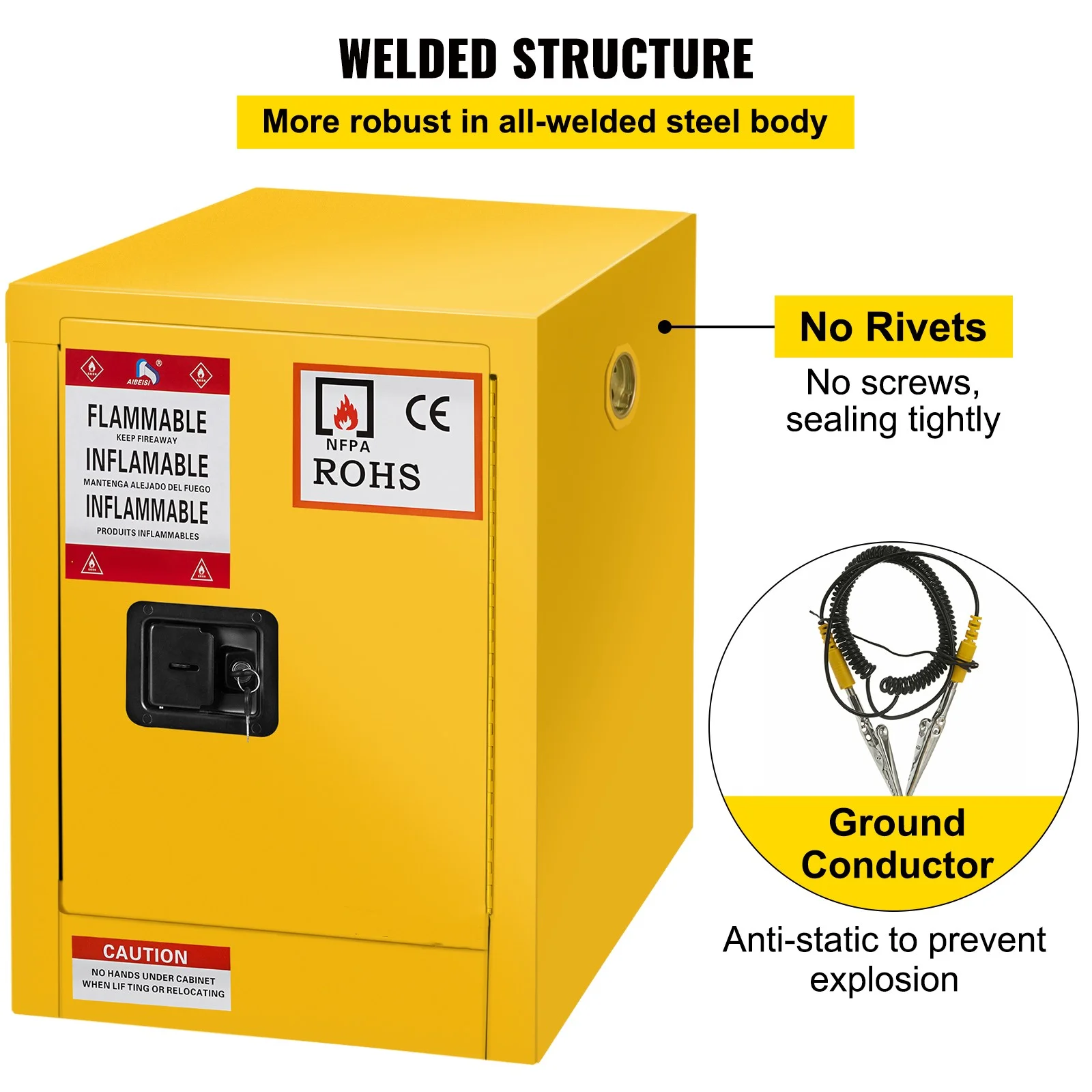 BENTISM Safety Cabinet for Flammable Liquids Single door and Manual Close Yellow Hazardous Storage 43 x 43 x 46CM - Image 13