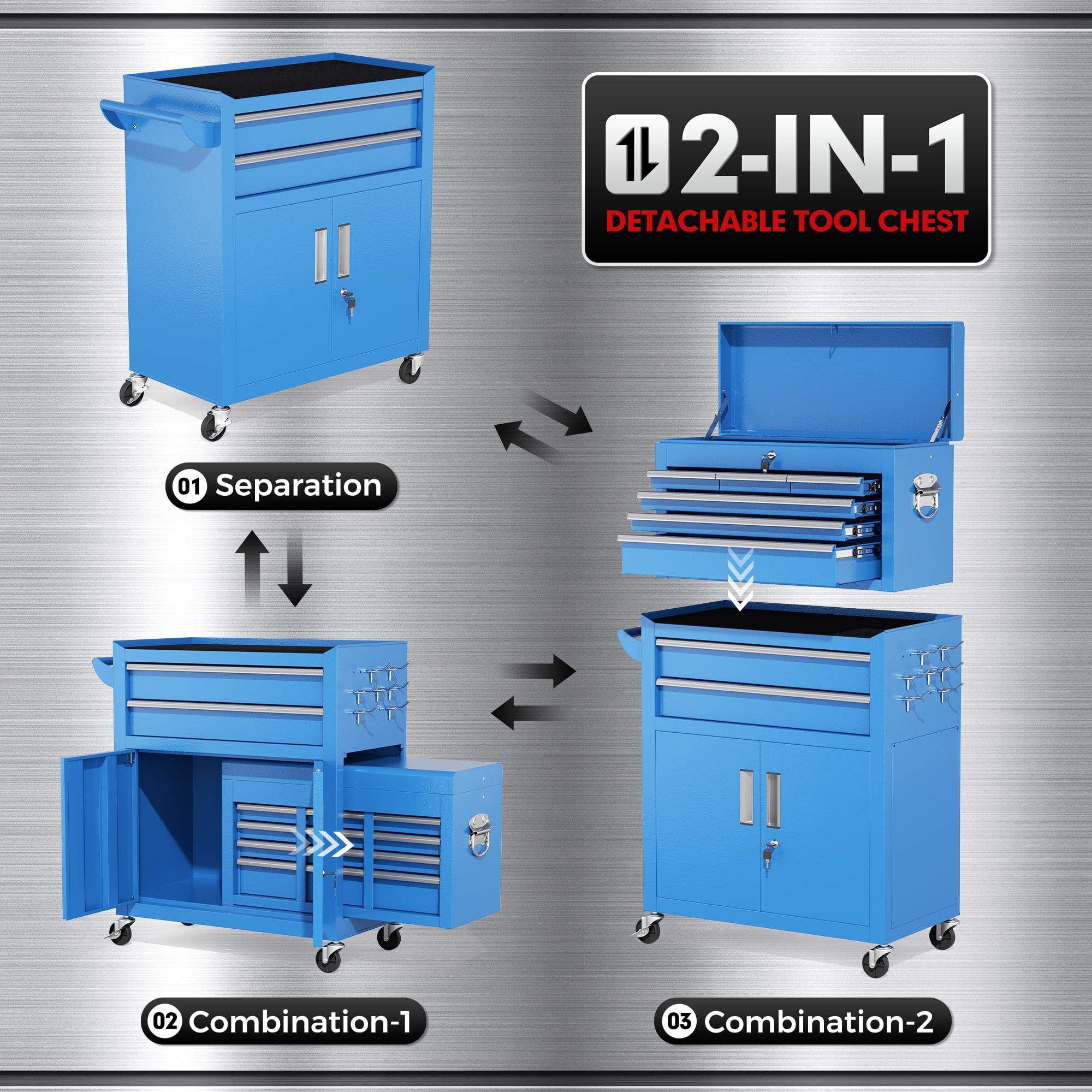 SUNCROWN 2-IN-1 Tool Chest, 8-Drawer Rolling Tool Chest with Hooks and Lockable Wheels,Metal Storage Detachable Top Tool Box with Lockable Wheels for Garage, Workshop, Art Studio(Black) - Image 81
