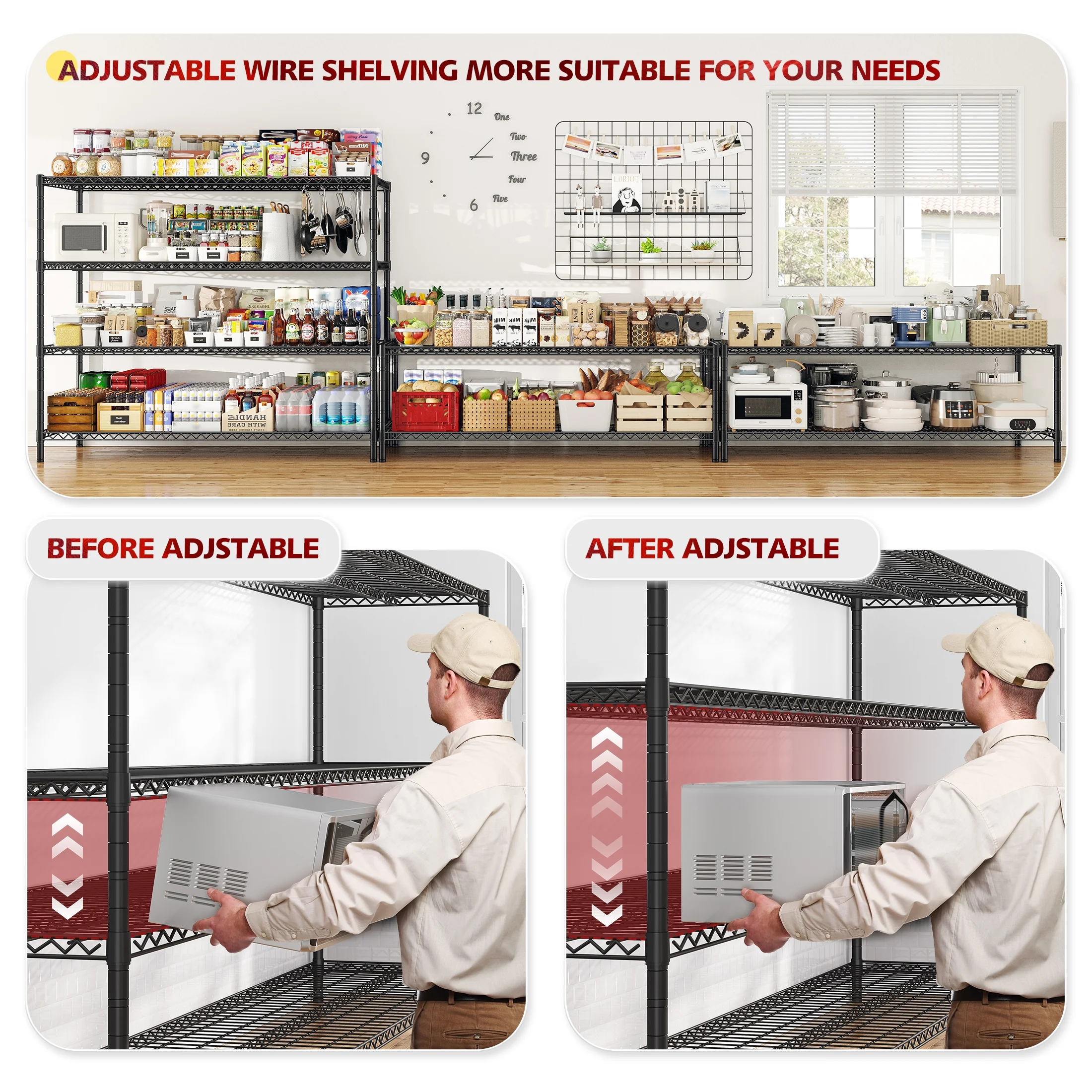 REIBII 85.7"H Storage Shelving Rack 5 Tier Wire Shelves with Wheels 3000Lbs Adjustable Garage Shelving Unit for Kitchen Pantry,55.2"W x 24.2"D - Image 12