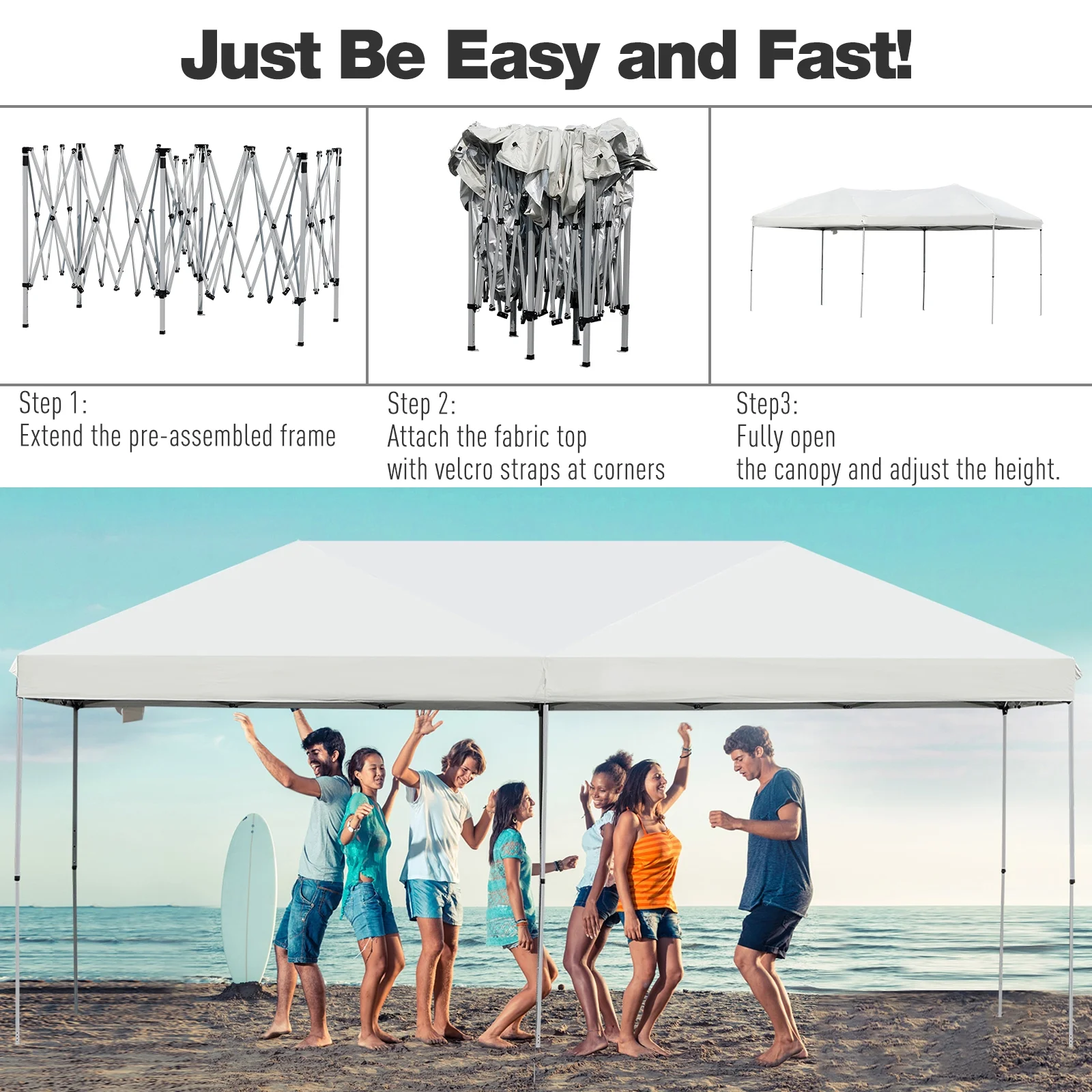 Outsunny 10' x 19' Pop Up Canopy with Easy Up Steel Frame, 3-Level Adjustable Height and Carrying Bag, Sun Shade Event Party Tent for Patio, Backyard, Garden, Blue - Image 18