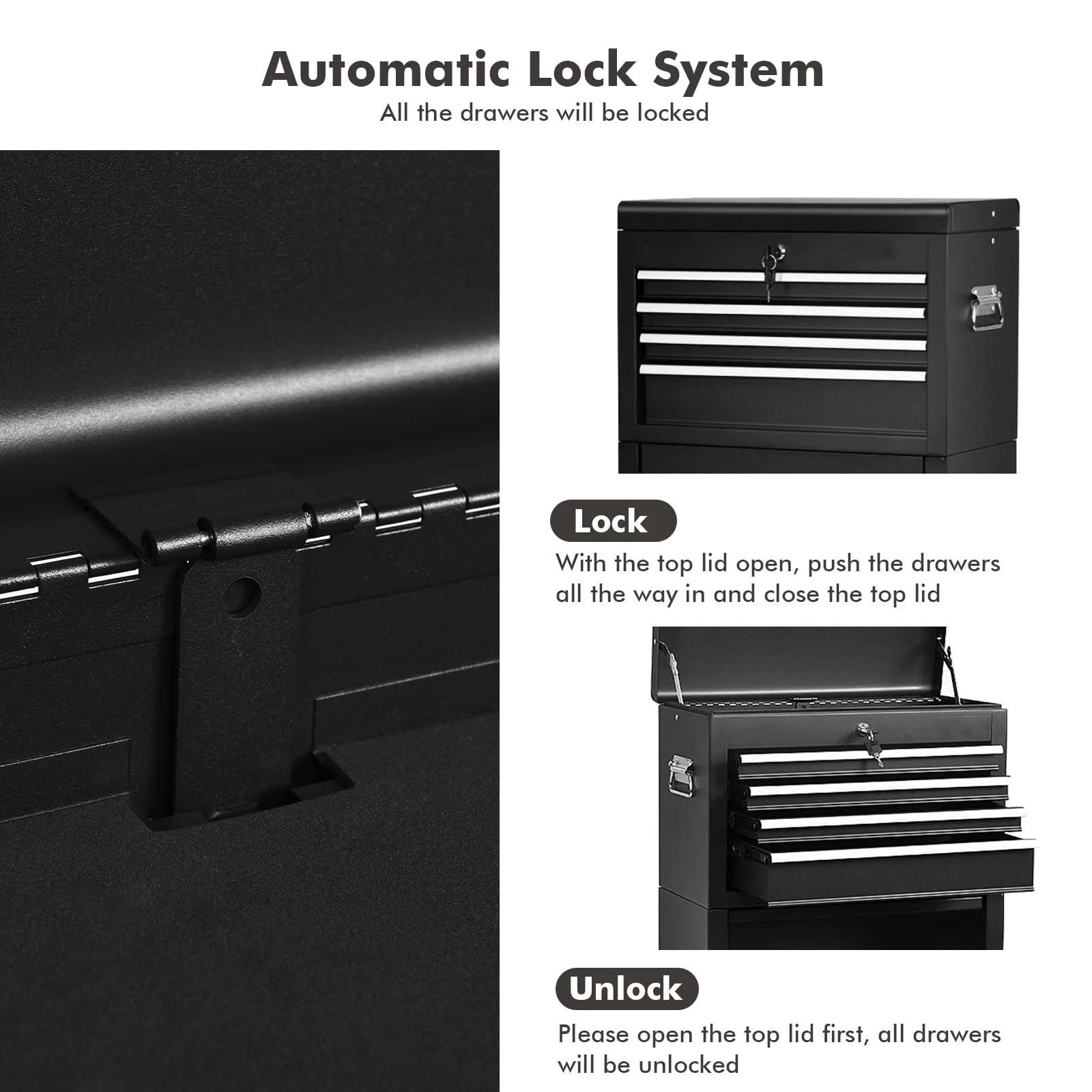 NIGSQJB 3-In-1 Tool Chest on Wheels with 6 Drawers, 52"H Tool Storage Cabinet with Auto Locking System,Detachable Top,Tool Box Organizer for Garage,Workshop,Repair Shop,DIY, Red - Image 17