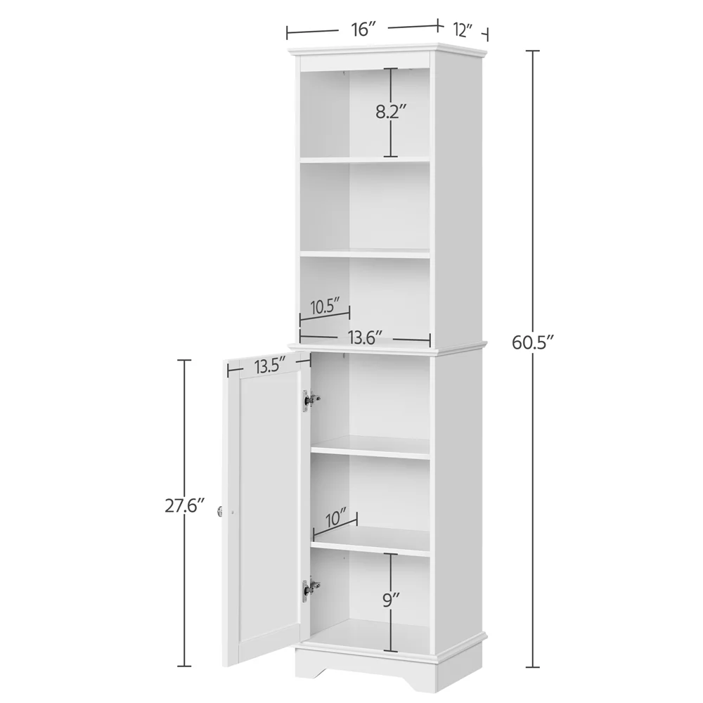 Renwick Tall Slim Storage Cabinet with Single Door and Open Shelves for Home Small Space, White - Image 4