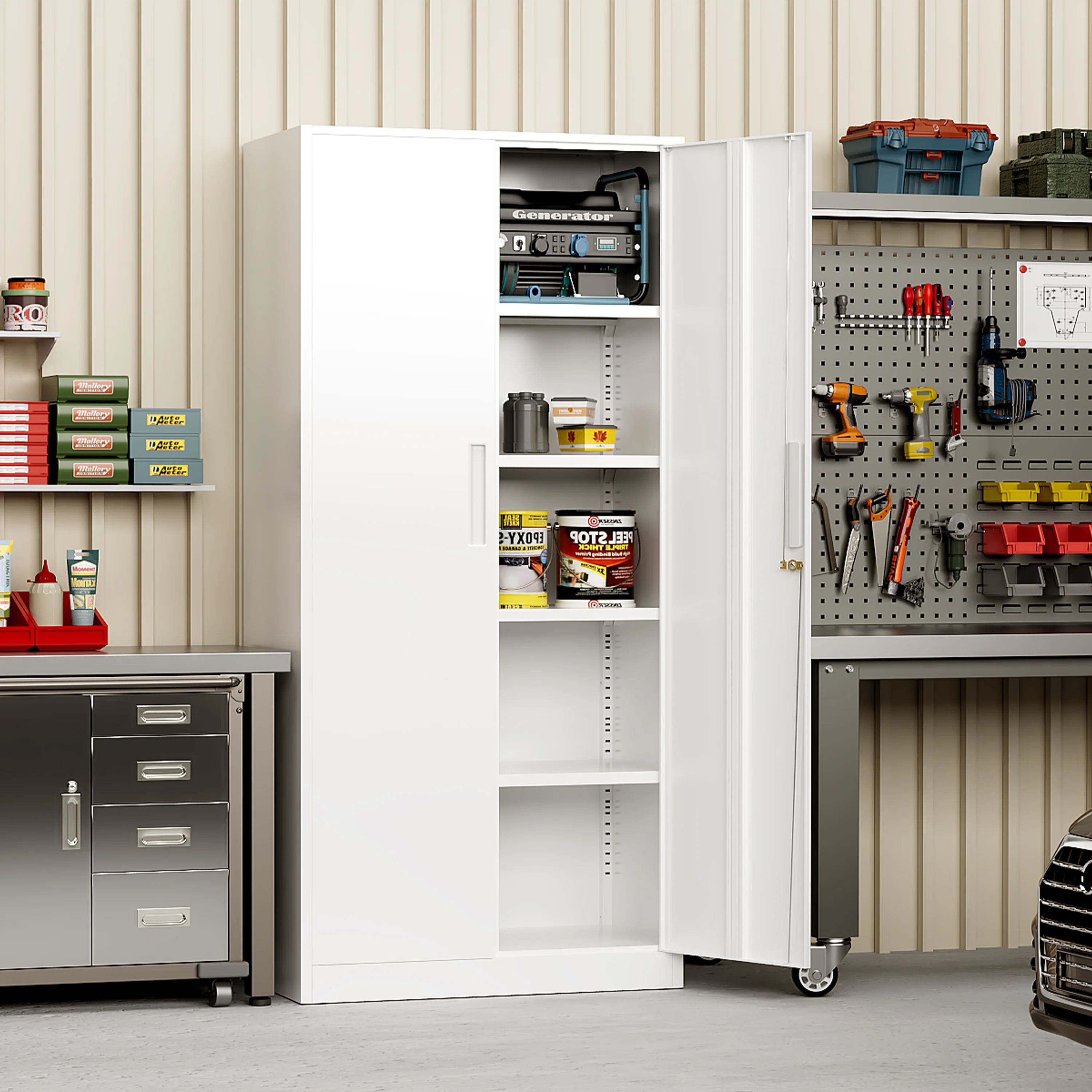 SUNCROWN 71 In Metal Storage Garage Cabinets with Locking Doors and Adjustable Shelves, Steel Storage Cabinet for Garage, Office, Classroom, Assemble Required(White) - Image 8