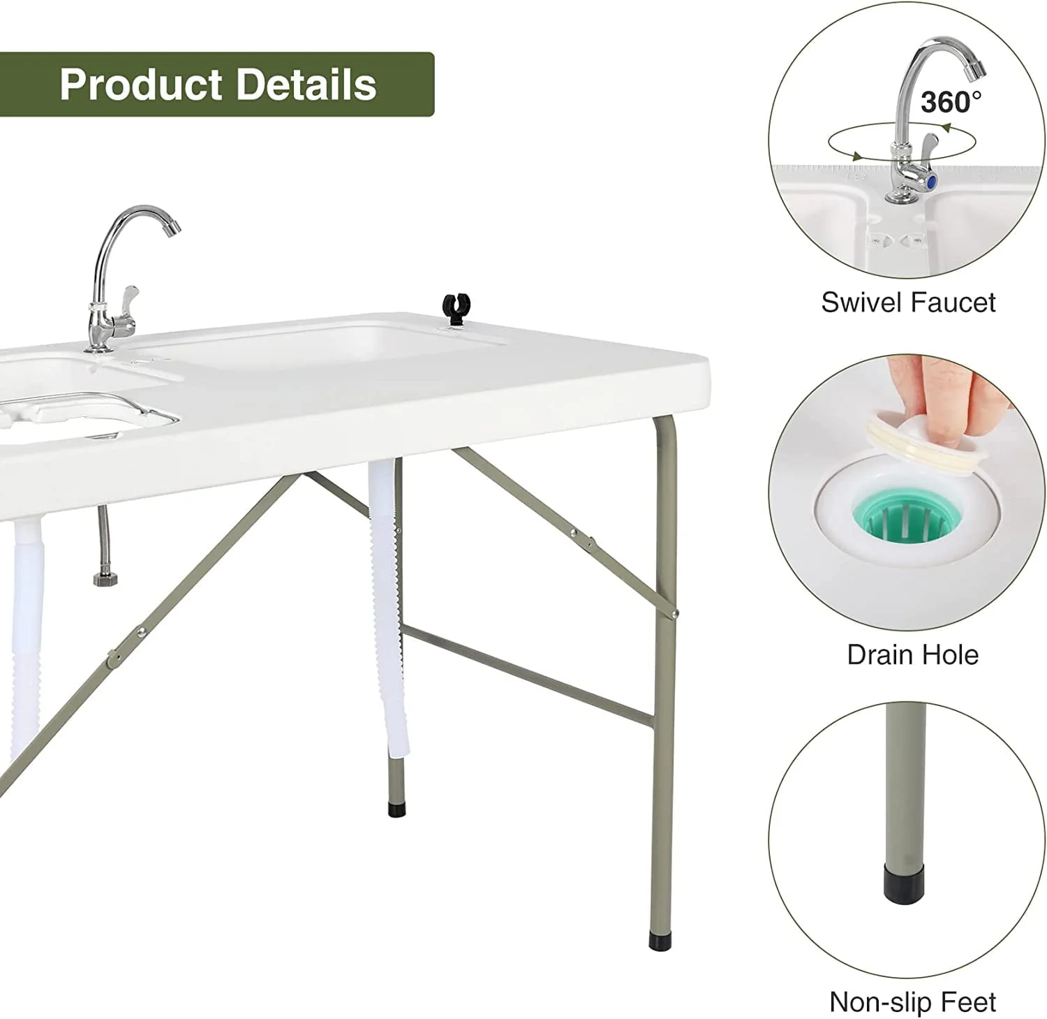 Folding Fish Cleaning Table, Outdoor Camping Sink Station with Sink & Faucet Drainage Hoses, Portable Camping Sink Table for Beach Fishing Patio Picnic - Image 5