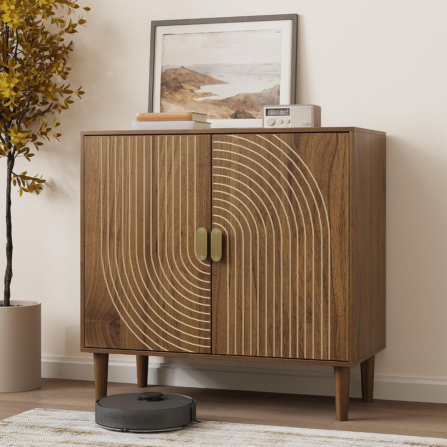 Walnut Sideboard Cabinet, Freestanding Buffet Cabinet with Line Groove Design, Wood Storage Cabinet with Adjustable Shelf for Living Room, Entryway, Hallway - Image 2