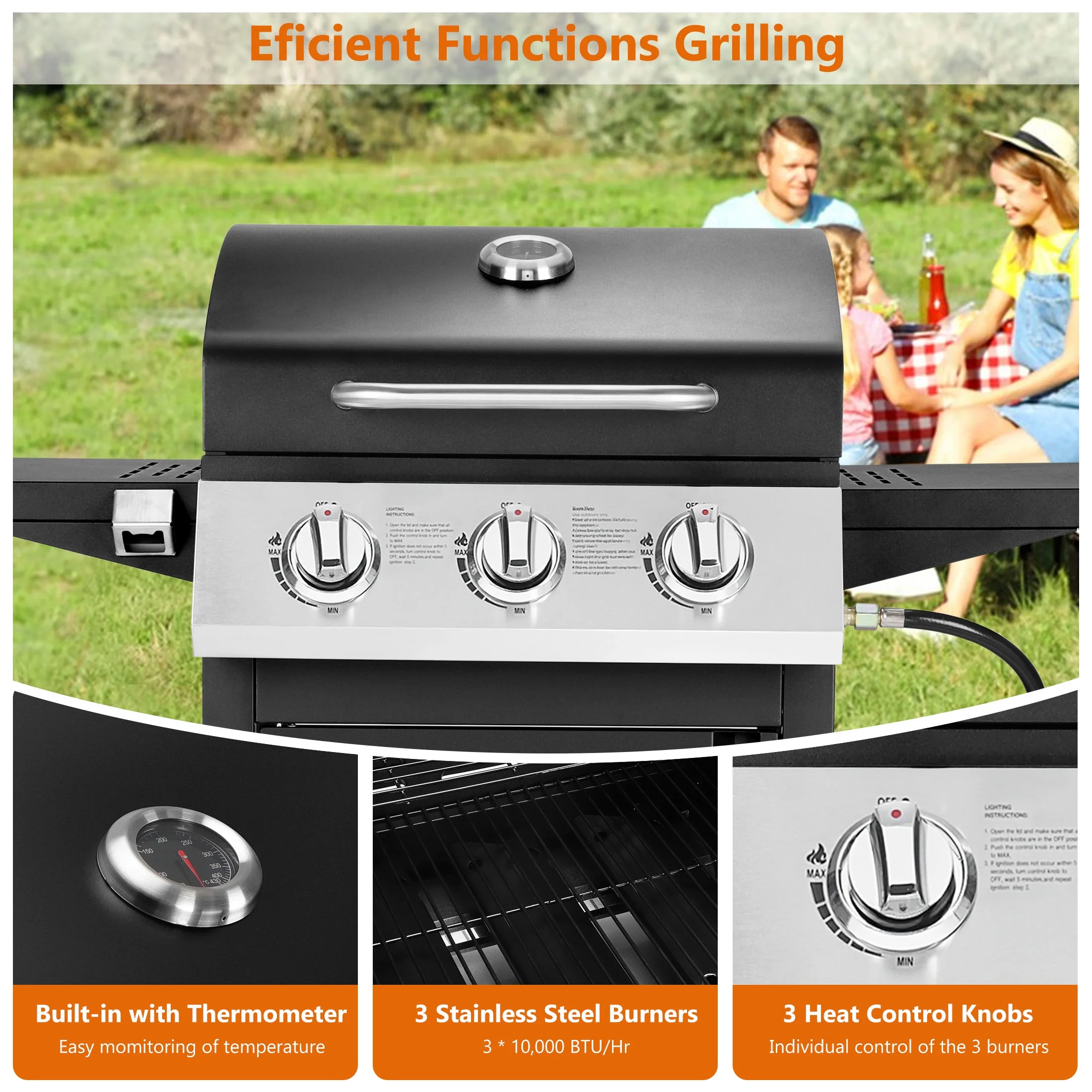 SEGMART 4 Burner BBQ Propane Gas Grill, Stainless Steel 40,000 BTU Patio Garden Barbecue Grill with Folding Side Tables, Cleaning Brush & Thermometer, Perfect for Camping, Outdoor Cooking - Image 14