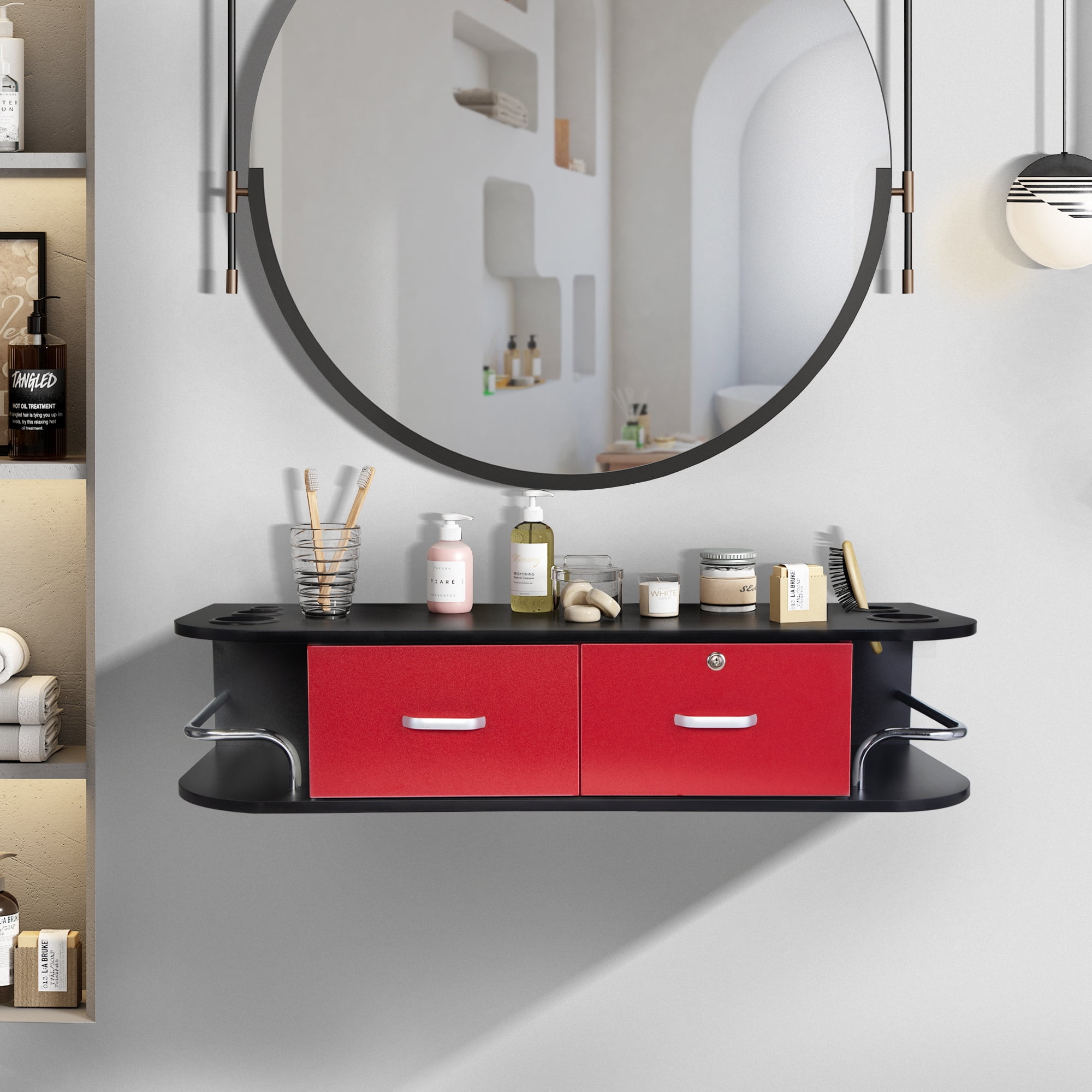 RESHABLE Modern Wall-Mounted Salon Station Barber Cabinet with Locking Drawer Storage Table for Hair Stylist Black - Image 18
