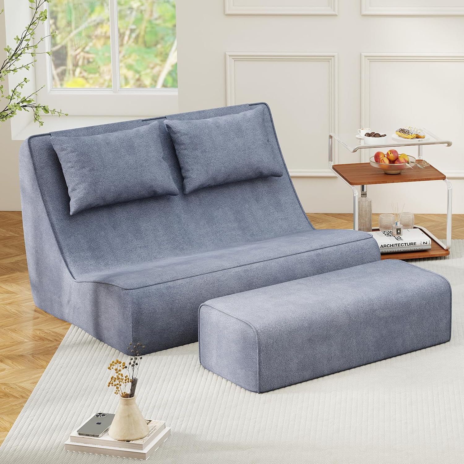 Loveseat Floor Sofa with Ottoman, Frameless 2-Seater Deep Seat Couch