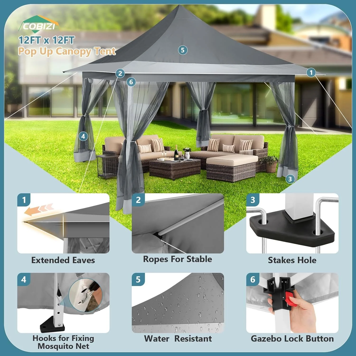 COBIZI 11x11 Pop up Gazebo Outdoor Canopy Gazebo Patio Gazebo with Mosquito Netting Canopy Shelter with 121 Square feet of Shade for Poolside, Garden, Party and Backyard, Khaki - Image 49