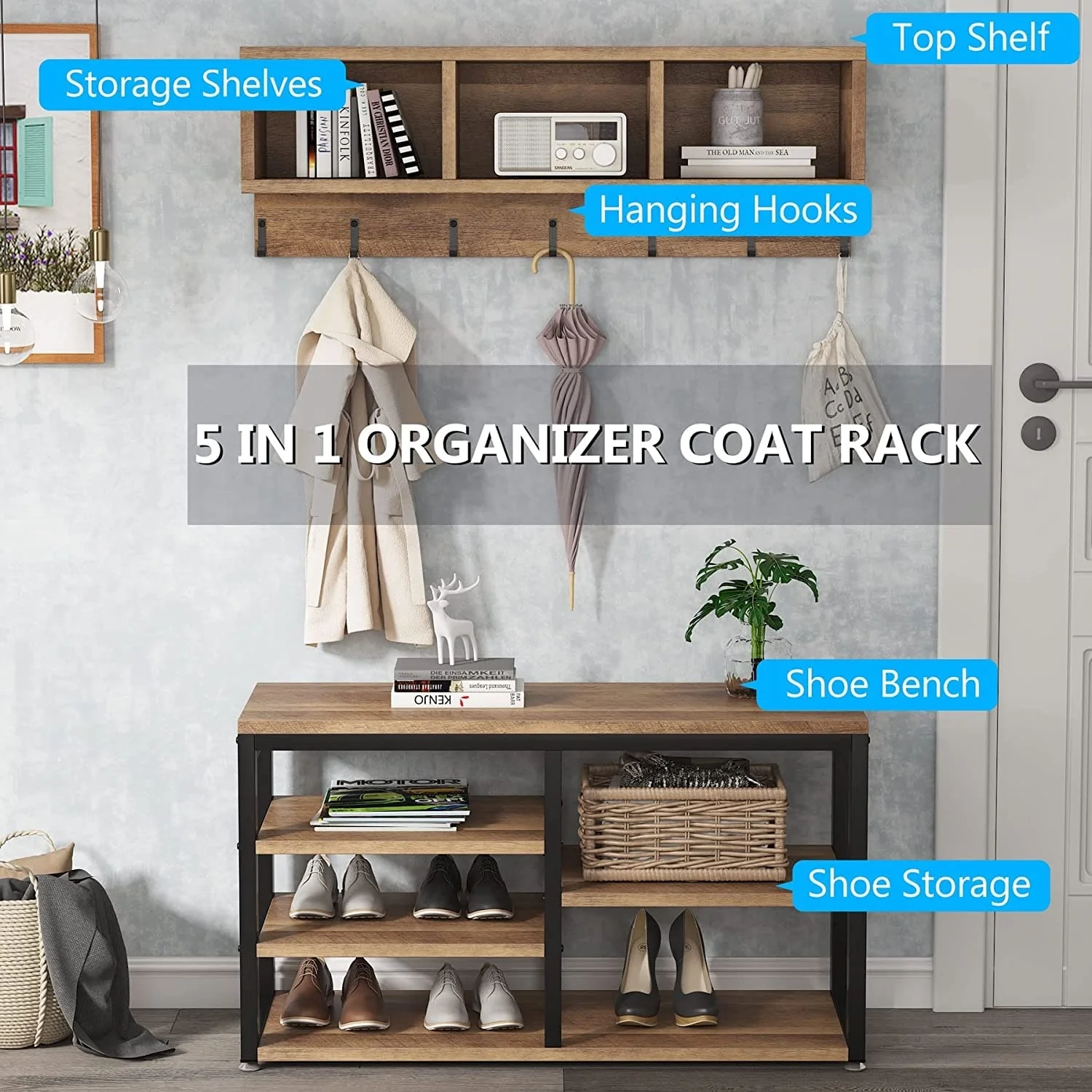 Entryway Coat Rack and Shoe Bench Set, Industrial Hall Tree with Coat and Shoe Storage - Image 8