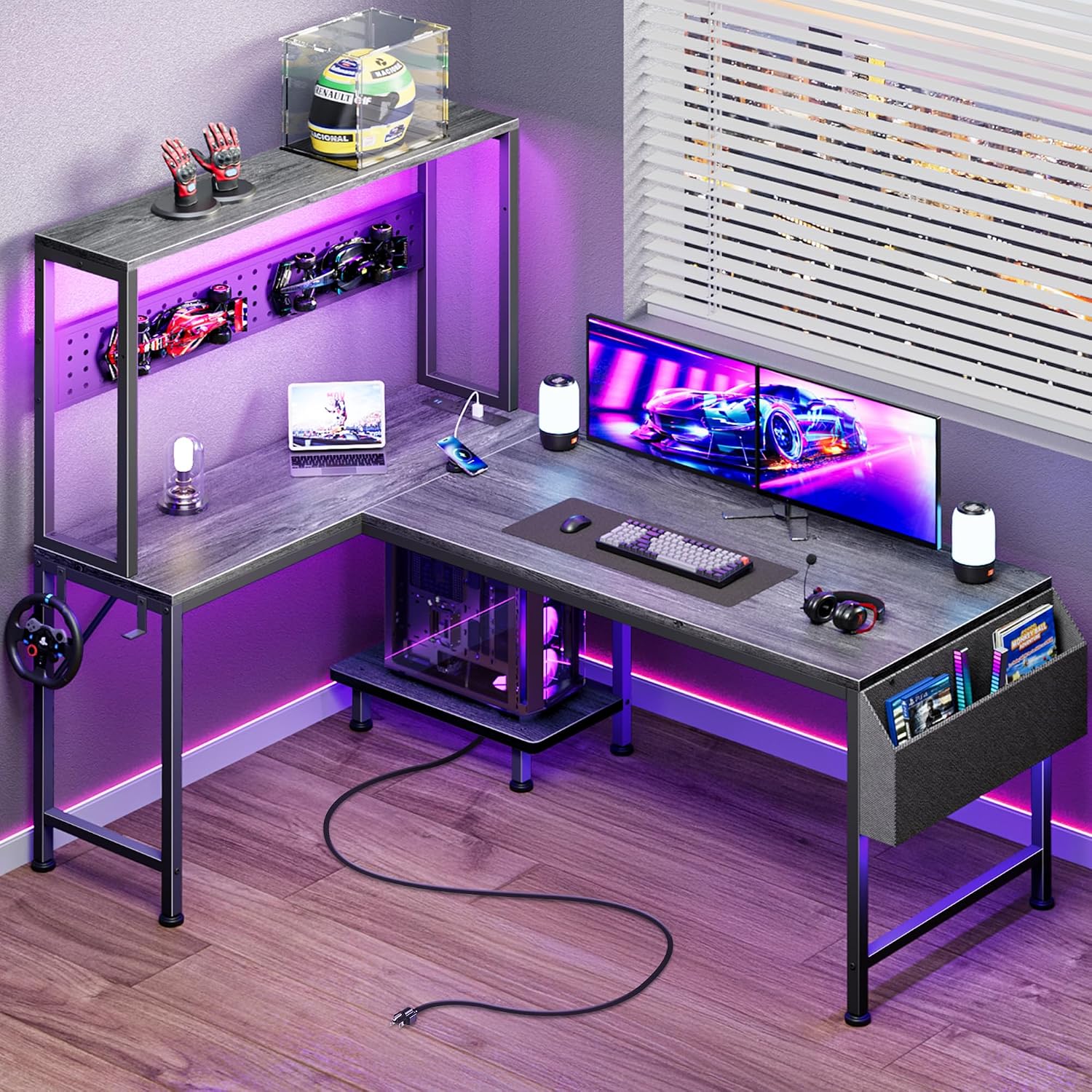 L Shaped Gaming Desk with LED Lights & Power Outlets - Image 9