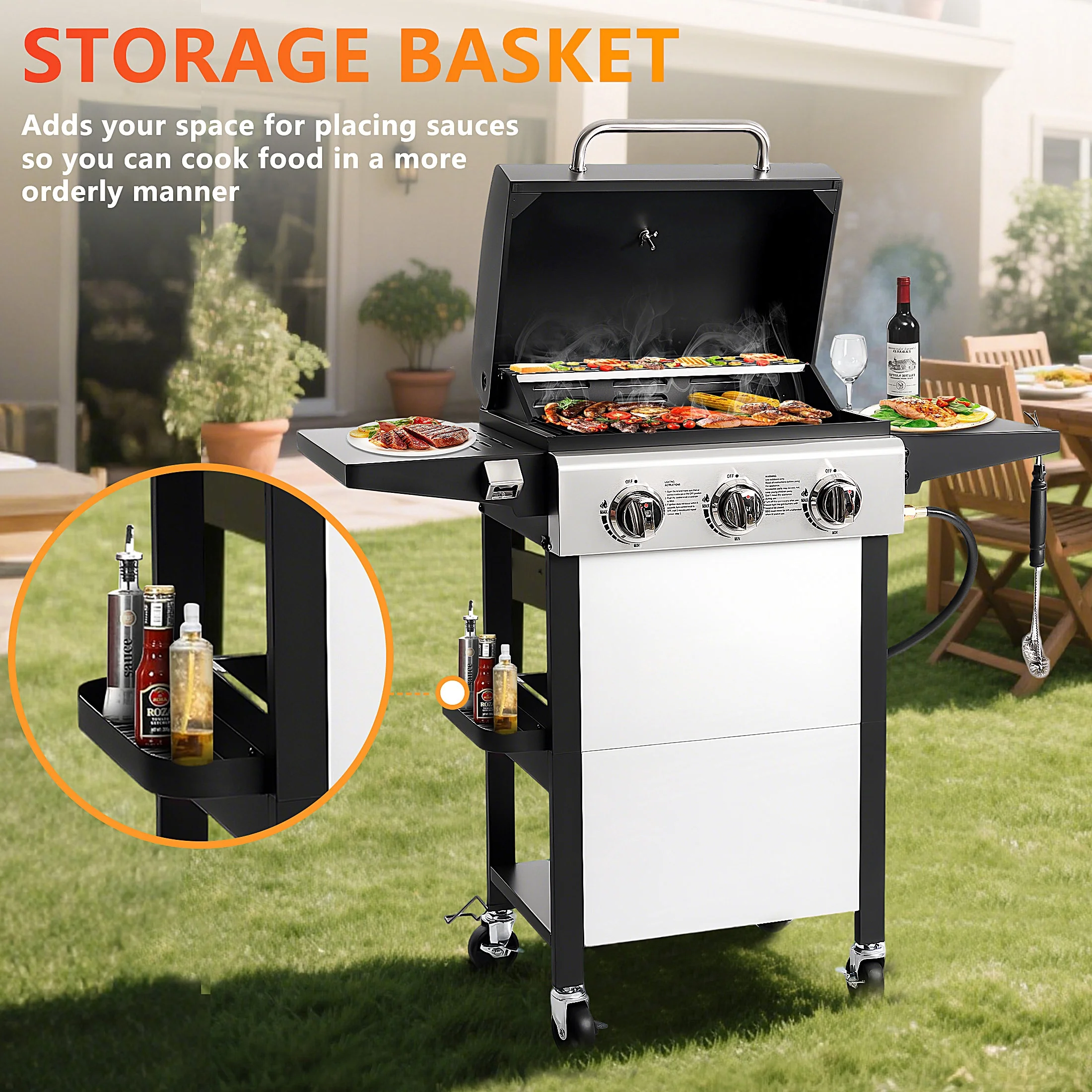 Segmart 3 Burner BBQ Propane Gas Grill, Stainless Steel 30,000 BTU Patio Garden Barbecue Grill with Folding Side Tables, Hanging Basket & Thermometer, Perfect for Camping, Outdoor Cooking - Image 8