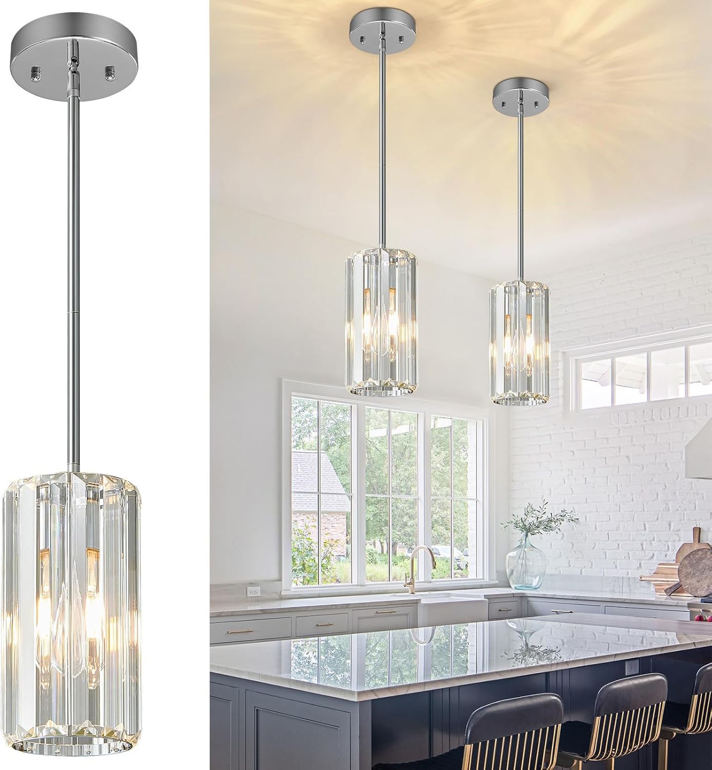 Chrome Pendant Lighting, Modern Pendant Light, Mini Crystal Chandeliers, Adjustable Pendant Light Fixture for Kitchen Island, Dining Room, Corridor & Bedroom (Chrome, 3-Pack) - Image 10