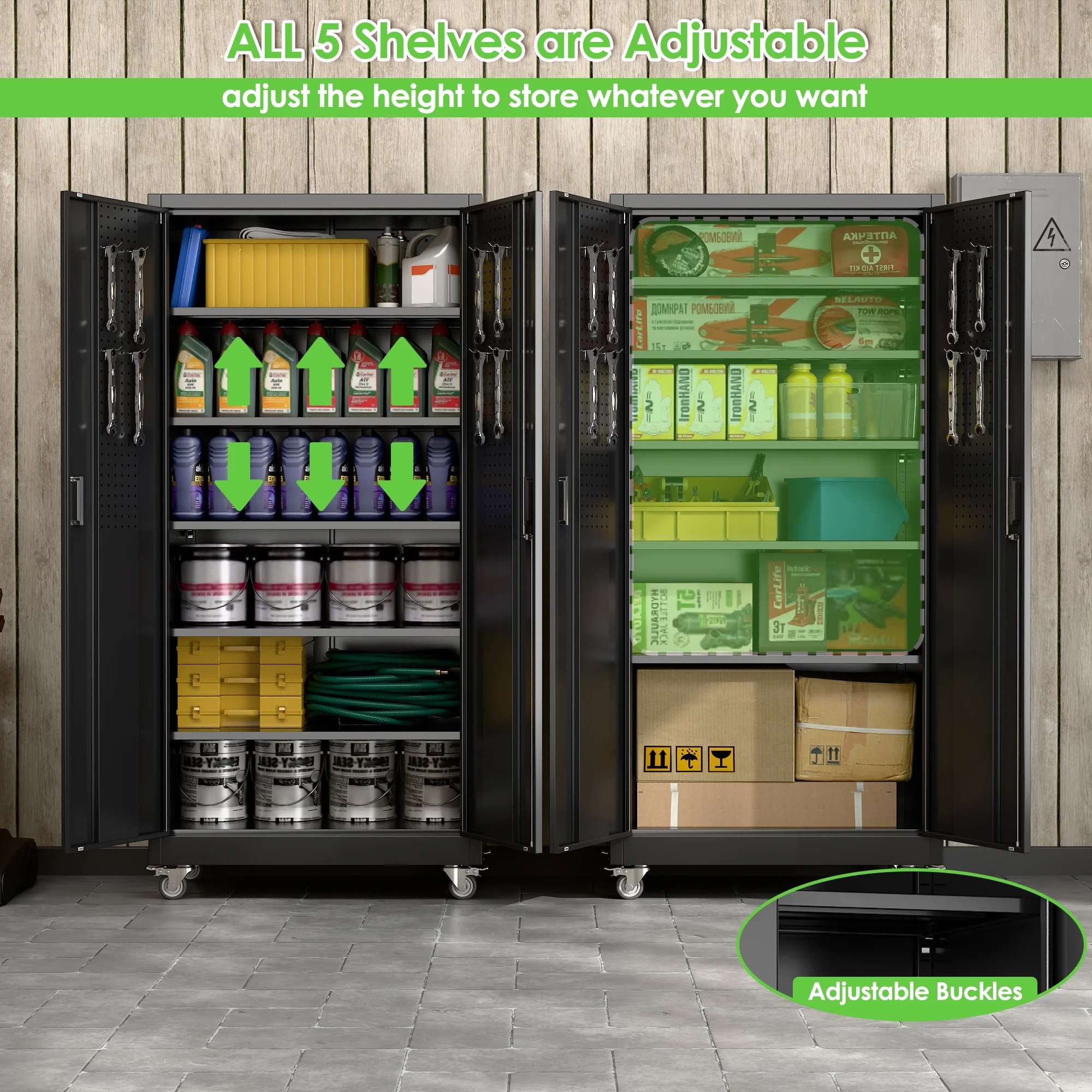 Aobabo Metal Storage Cabinet with Lock,Garage Storage Cabinet with Wheels,72In Steel Storage Cabinet for Garage Home Storage, Black Required-Assembly - Image 2