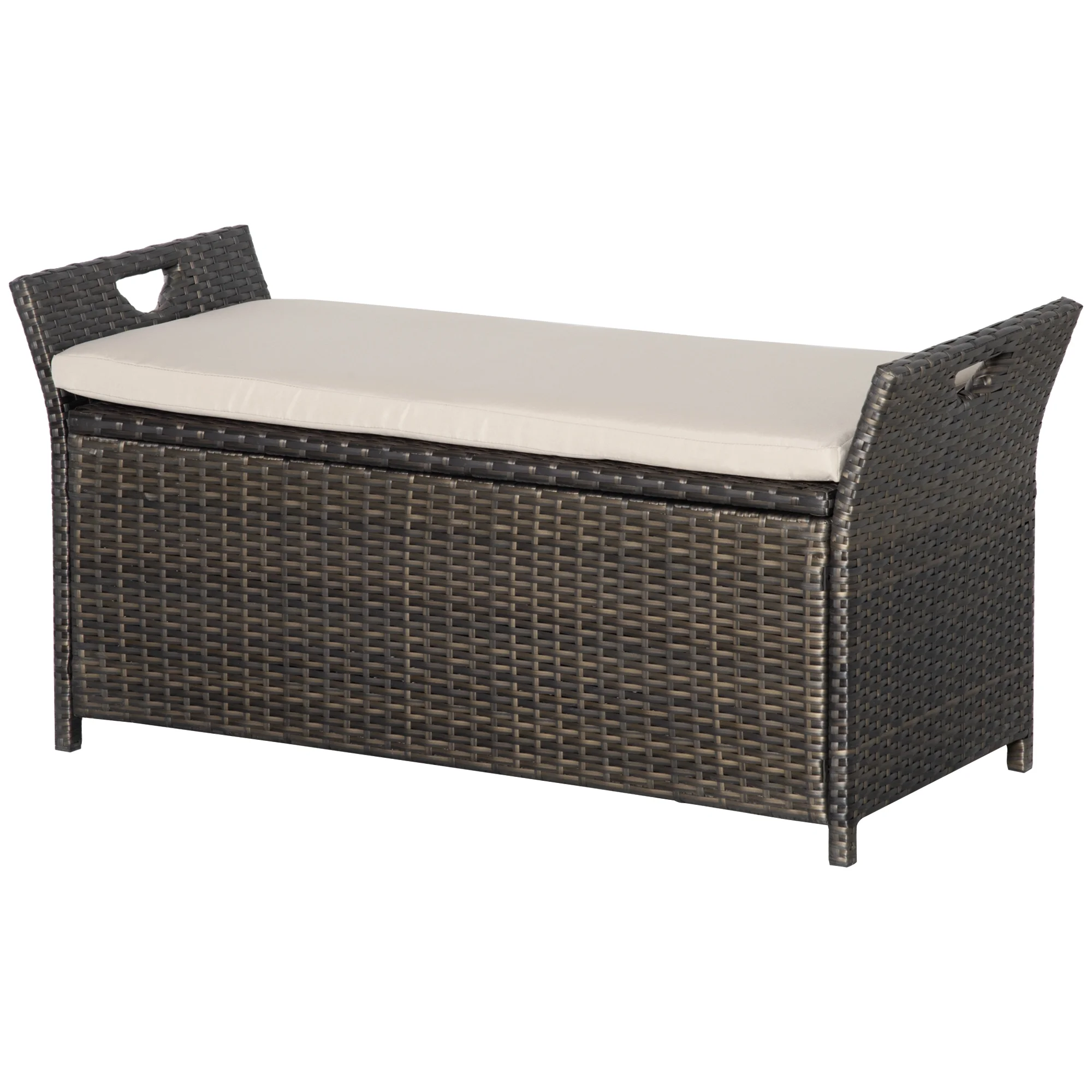 DUOSONG Outsunny 27 Gallon Patio Wicker Storage Bench, Outdoor Pe Rattan Patio Furniture, 2-In-1 Large Capacity Rectangle Garden Storage Box With Handles And Cushion, Cream White Brown+White Steel - Image 14