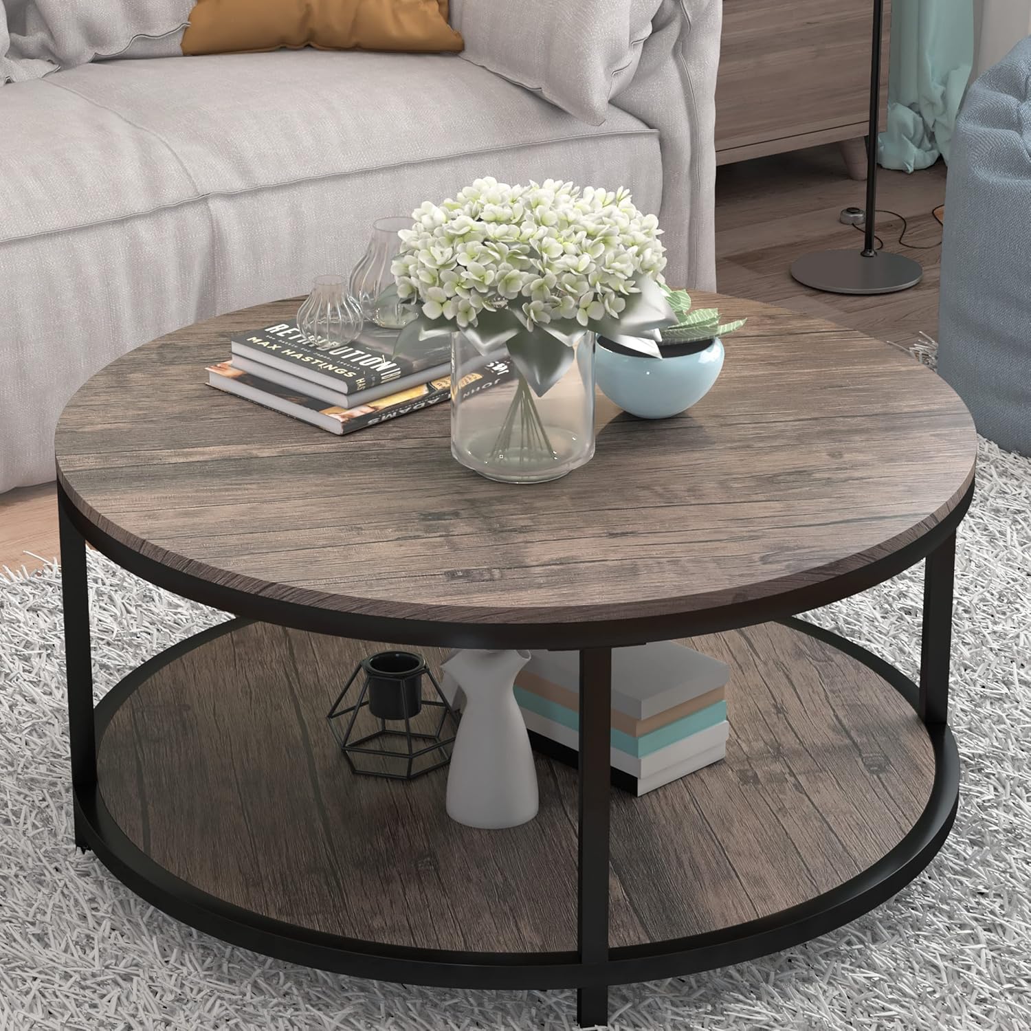 Round Coffee Table, 36" Coffee Table for Living Room, 2-Tier Rustic Wood Desktop with Storage Shelf, Modern Design Home Furniture (Light Walnut) - Image 4
