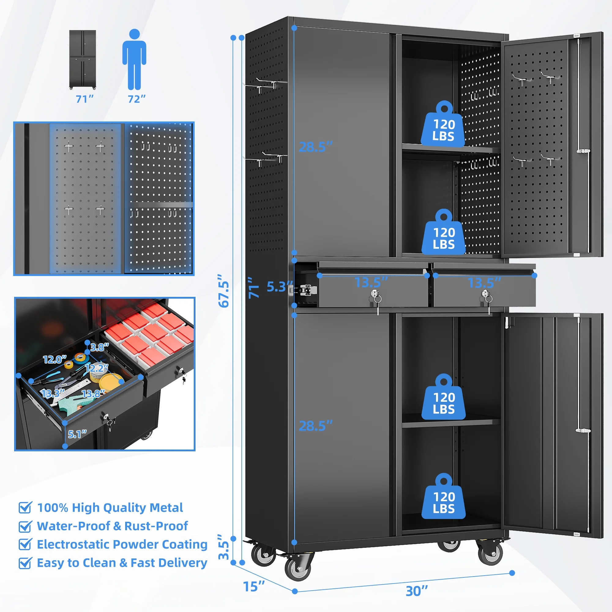 GangMei 71 Inches Tall Metal Garage Storage Cabinets with 5 Adjustable Shelves & Pegboards, Lockable Steel Black Storage Cabinet with Doors for Office, Home, School, Shops, Garage, Assembly required - Image 60