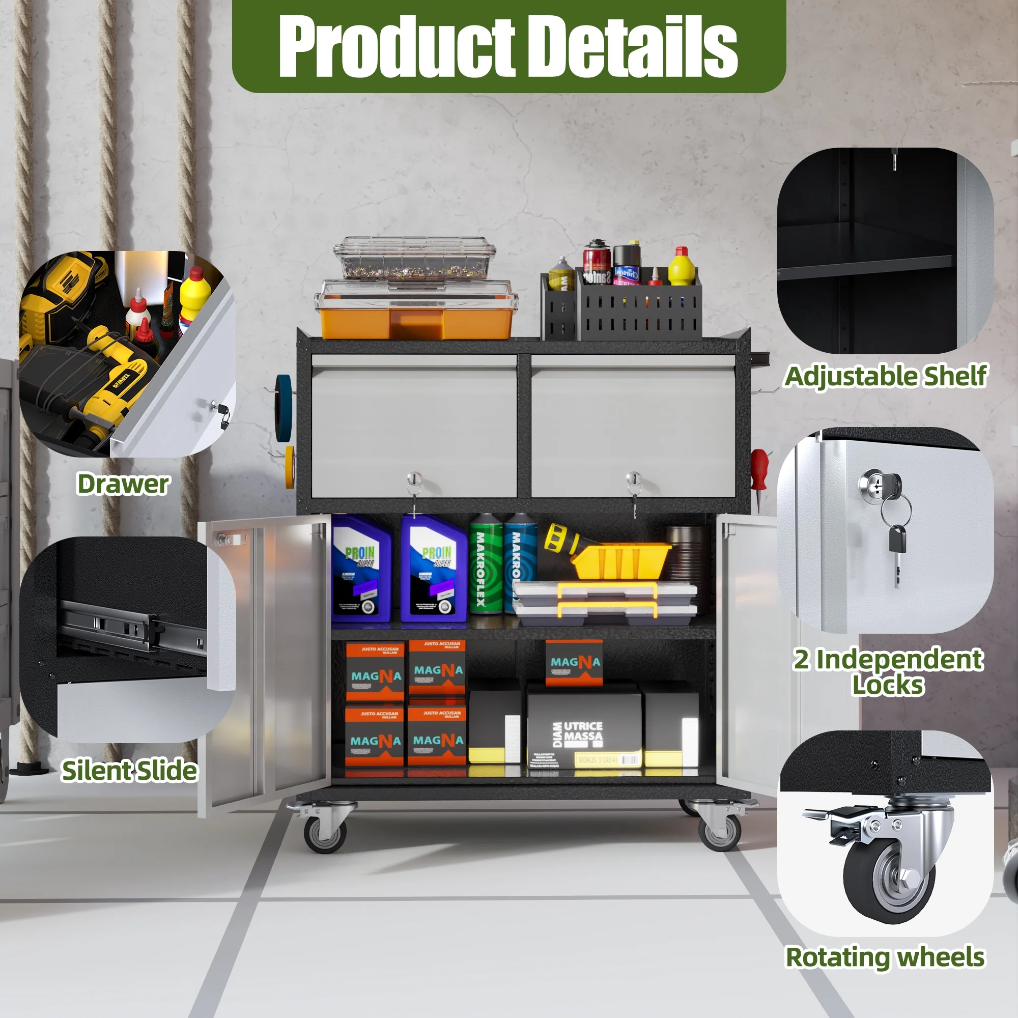 Gaeanet Rolling Tool Storage Cabinet with 5 Adjustable Shelves and Pegboard,Metal Garage Storage Cabinet with Wheels for Garage Home Office Utility Room,71" H-32" W-16" D,Required Assembly, Black - Image 84