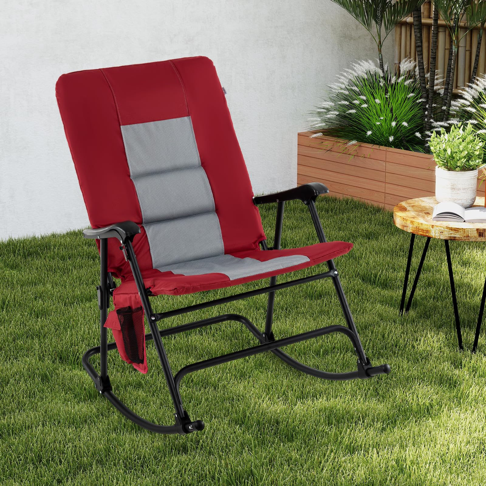 Oversized Folding Rocking Chair – Padded Patio Lounge with Metal Frame & Side Pocket - Image 2