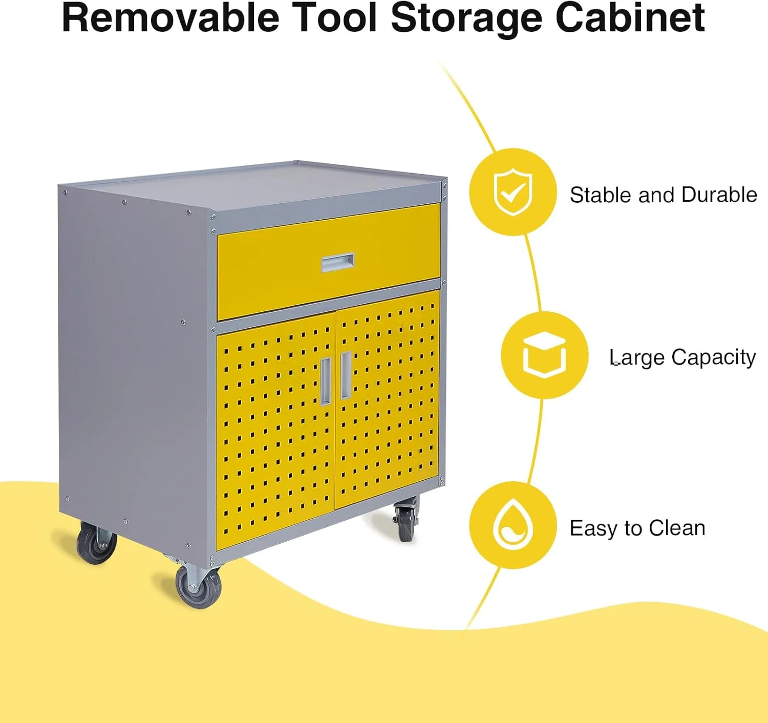walsport Tool Chest, Rolling Storage Cabinet with Lockable Wheels with 1 Drawer & 2 Doors 1 Adjustable Shelf & 4 Hanging Hooks, Yellow - Image 7