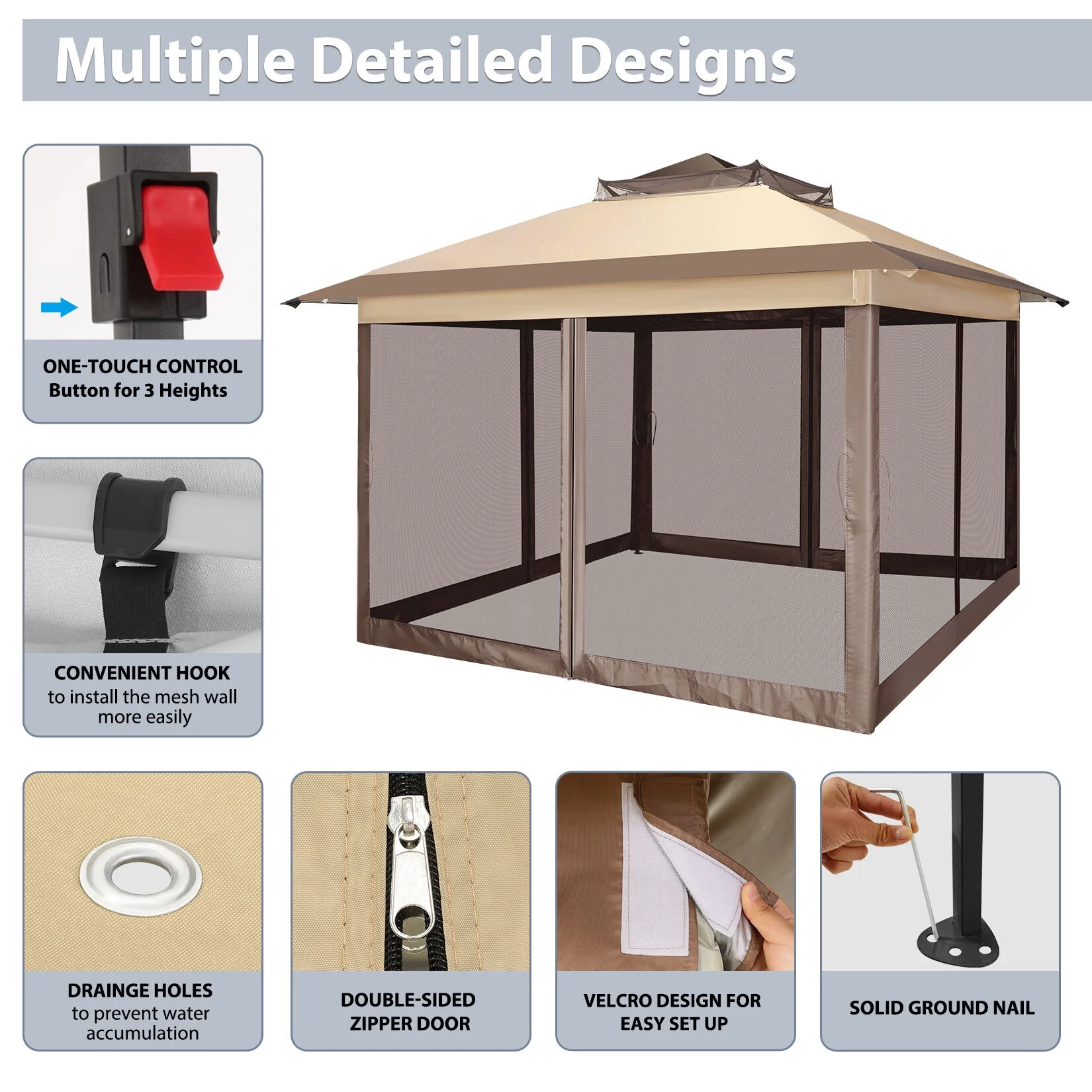 COBIZI 11x11 Pop up Gazebo Outdoor Canopy Gazebo Patio Gazebo with Mosquito Netting Canopy Shelter with 121 Square feet of Shade for Poolside, Garden, Party and Backyard, Khaki - Image 34