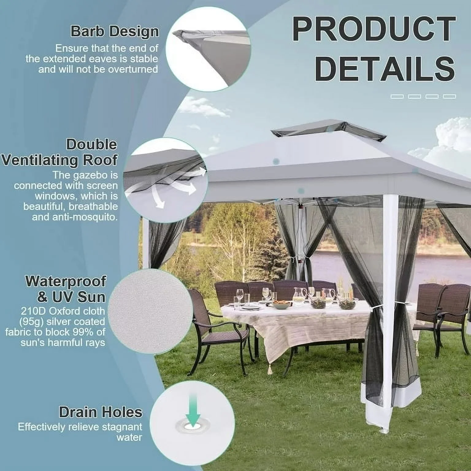 COBIZI 11x11 Pop up Gazebo Outdoor Canopy Gazebo Patio Gazebo with Mosquito Netting Canopy Shelter with 121 Square feet of Shade for Poolside, Garden, Party and Backyard, Khaki - Image 29