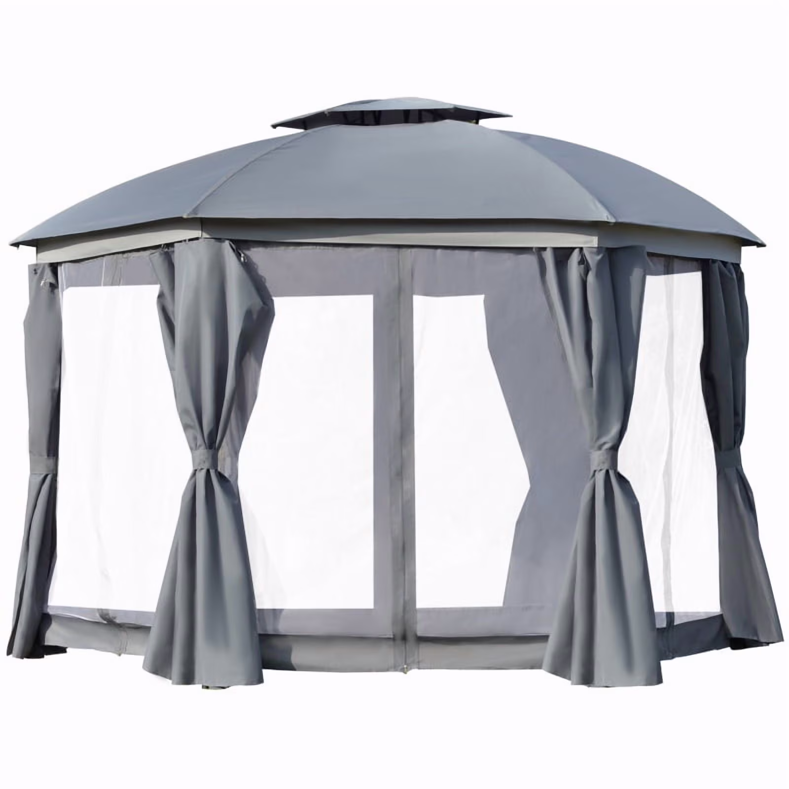 Outsunny 12' x 12' Round Outdoor Gazebo, Patio Dome Gazebo Canopy Shelter with Double Roof, Netting Sidewalls and Curtains, Zippered Doors, Strong Steel Frame, Grey On-Site