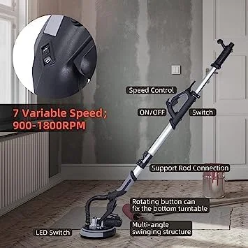 Danolapsi Drywall Sander,750W Electric Drywall Sander 7 Variable Speed 900-1800 RPM Sander with LED Light,Extendable Handle,Dust Hose,14 Pcs Sanding discs,Storage Bag - Image 3