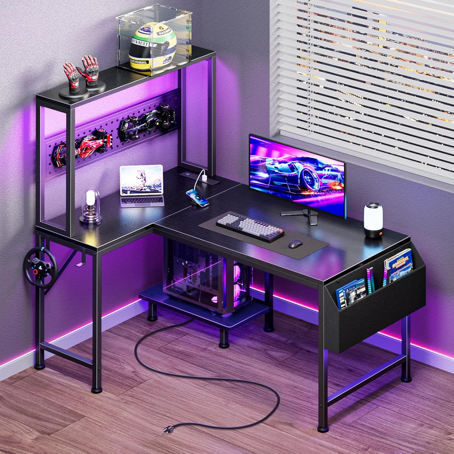 L Shaped Gaming Desk with LED Lights & Power Outlets - Image 4