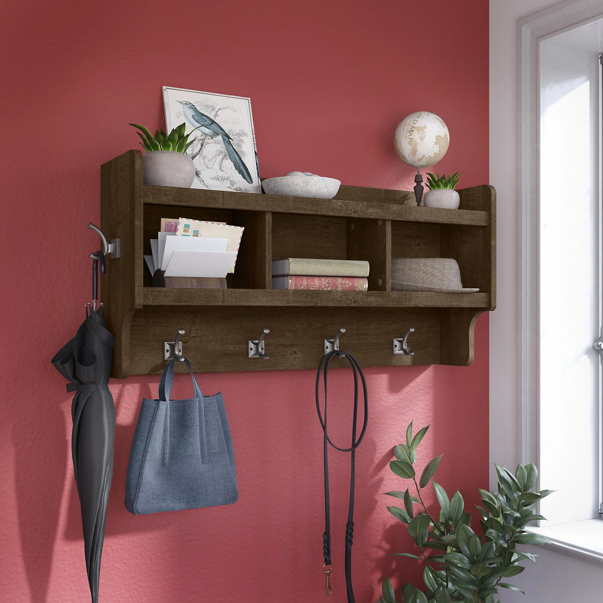 40 Inch Wall Mounted Coat Rack with Shelf, Wooden Entryway Storage and Hanging Organizer - Image 2