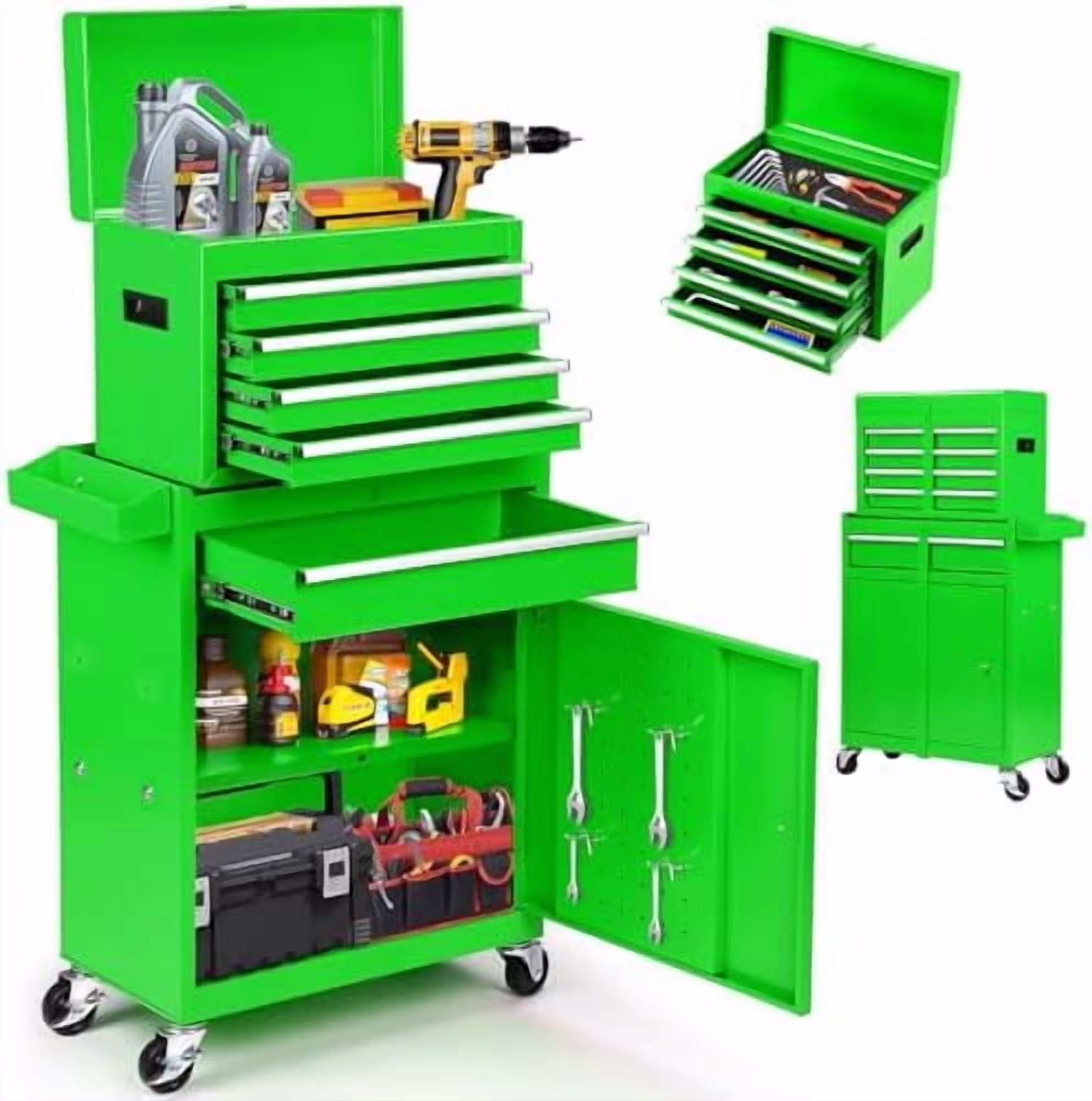 5-Drawer Rolling Tool Chest -C 2-in-1 Lockable Tool Box with Wheels, Sliding Drawers & Detachable Top -C Garage & Workshop Storage Cabinet, Green