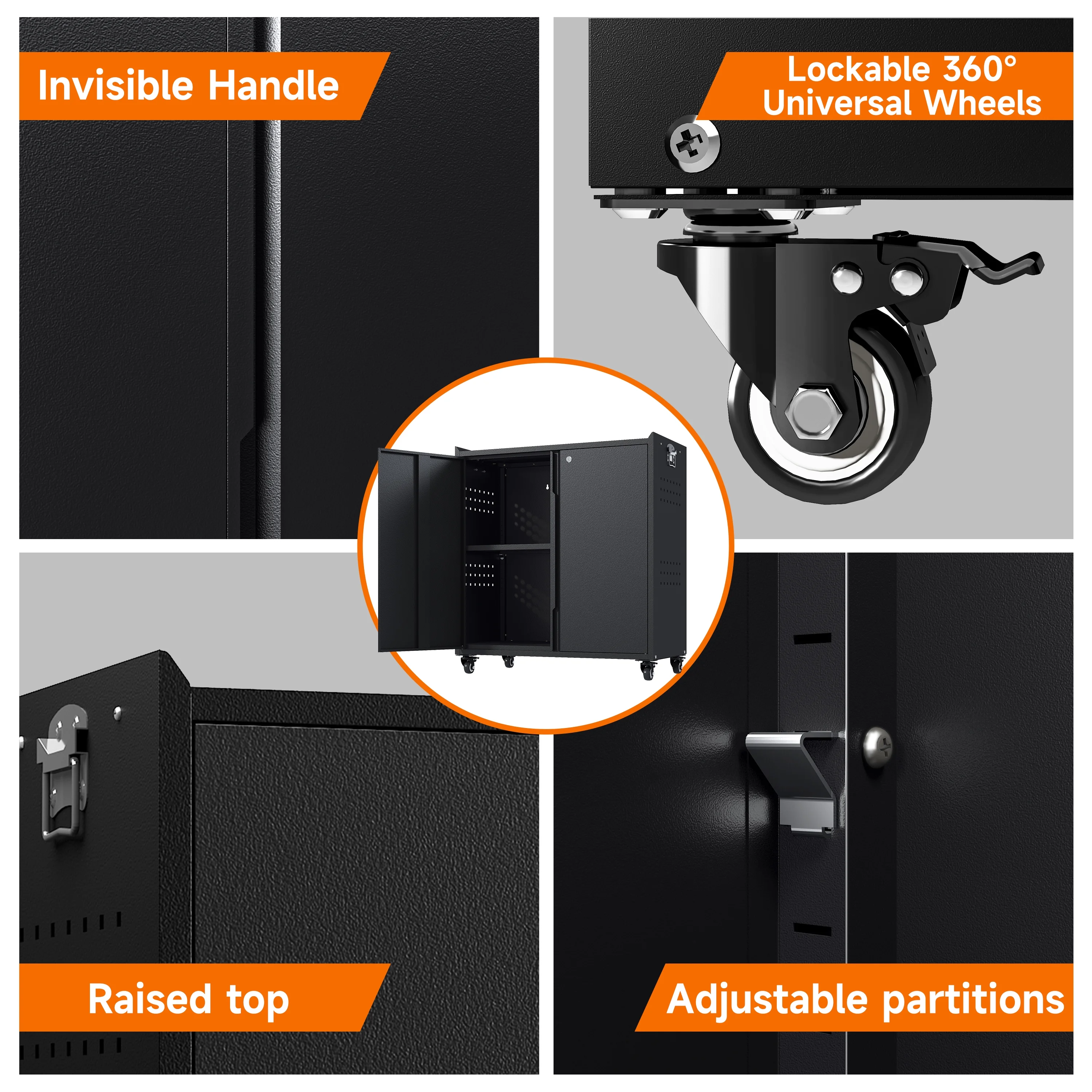 Metal Storage Cabinet with Wheels,Tool Storage Cabinet with Doors and Shelves Adjustable,Heavy Duty Garage Storage Cabinet,Steel Locking Storage Cabinet for Garage/Warehouse/Office/School/Home-Black - Image 4